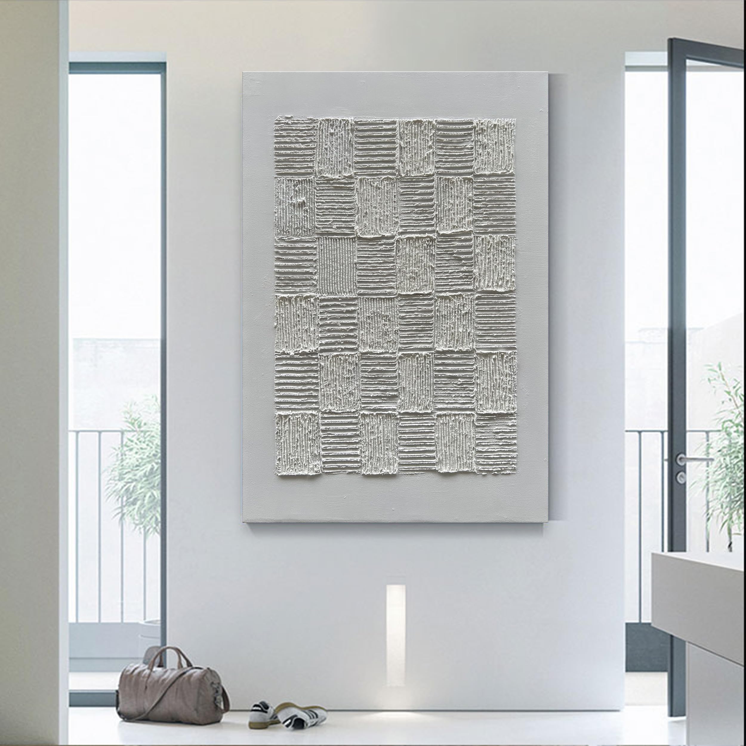 Hand-Painted White Texture Abstract Oil Painting - Contemporary Minimalist Wall Art for Living Room & Bedroom Decor - 45x30 Inch Canvas Home Decoration