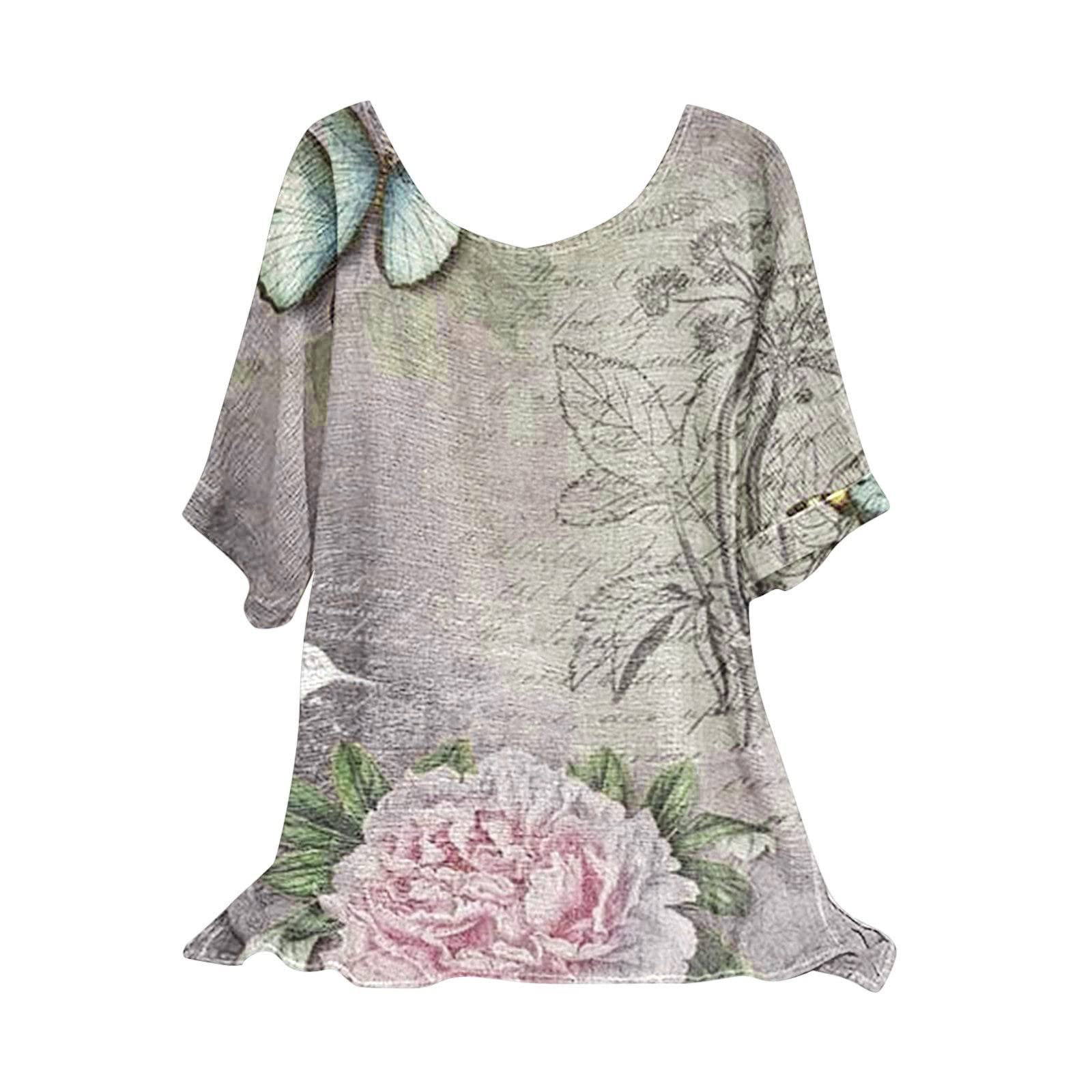 Women's Flowy Loose Summer Tops - Floral Print Short Sleeve Tunic Shirt, Lightweight Blouse for Casual Wear, Beach Vacation & Holiday Party Outfits