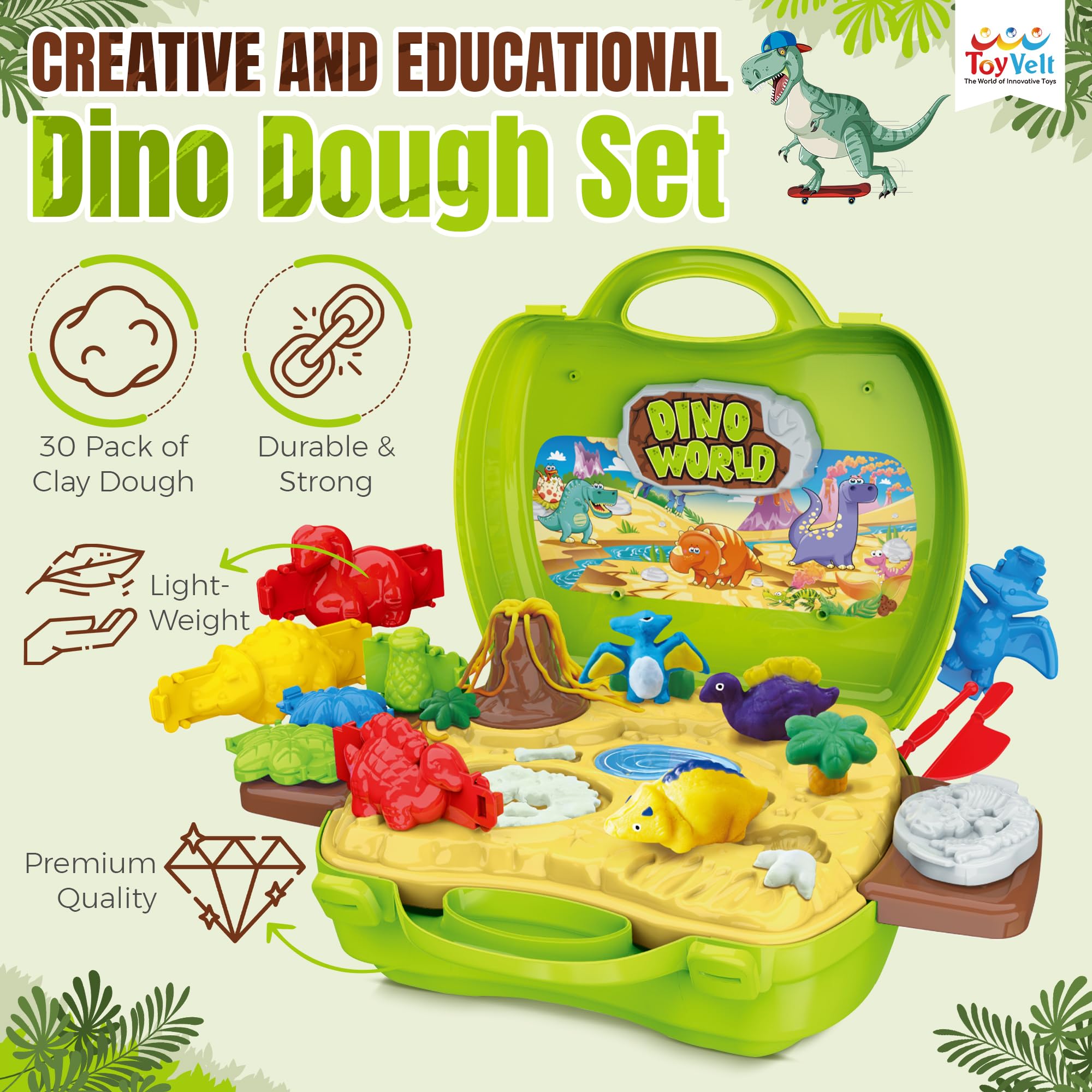 Dinosaur Play Dough Kit for Kids Ages 2-4 - 30-Piece Clay Set with Dinosaur, Volcano & Fossil Molds, Tools & Storage Case - Creative Sensory Play for Toddlers & Preschool Learning Activities