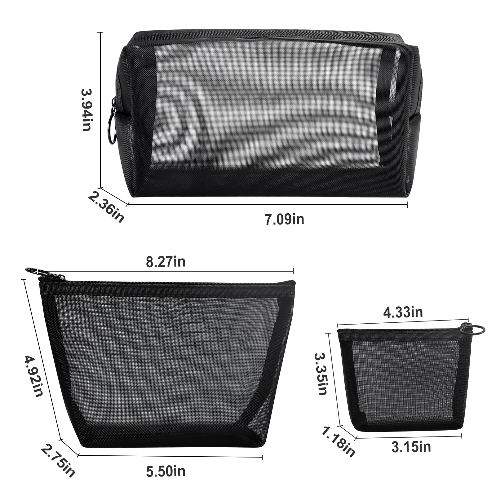 3Pcs Mesh Makeup Bags Set - Lightweight Travel Cosmetic Organizer with Zipper for Women & Men - Small Medium Large Toiletry Pouches for Home, Office, Gym & Vacation Accessories (Black) - Perfect for Makeup Brushes, Skincare Essentials & Travel Toiletries