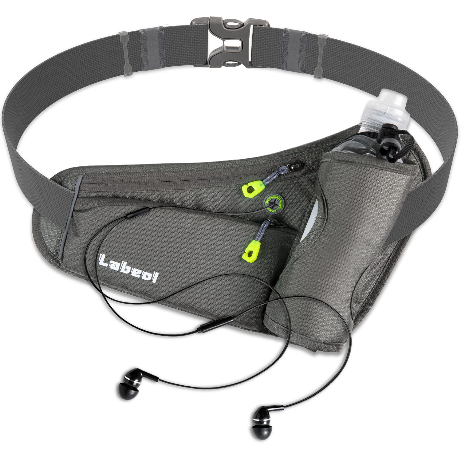 Labeol Adjustable Running Belt with Water Bottles - 2 Zipper Pockets Hydration Waist Pack for Men & Women - Lightweight Fanny Pack for Hiking, Climbing, Jogging & Outdoor Activities (Gray)
