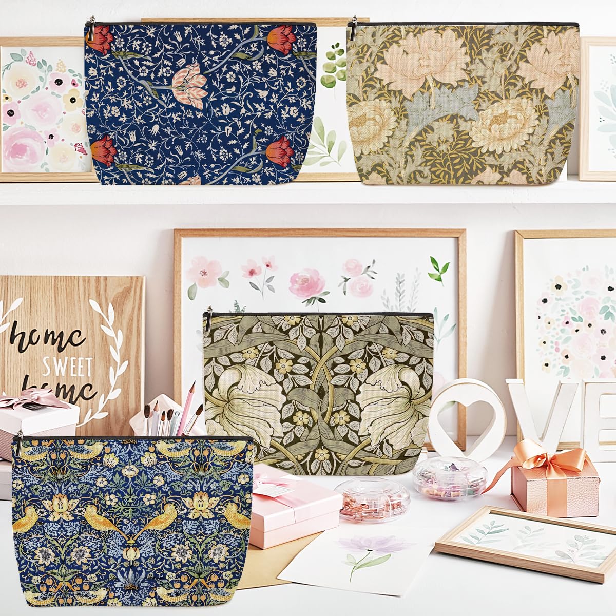 4-Piece Floral Makeup Bag Set - Botanical Print Cosmetic & Toiletry Pouch for Travel - Perfect Gift for Women, Mom, Friends (Birthday, Christmas) - Ideal for Skincare Storage, Vacation Essentials & Daily Organization