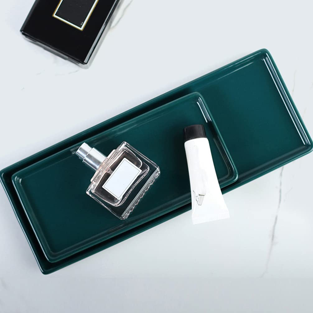 Cabilock 2-Piece Ceramic Vanity Tray Set - Elegant Bathroom Sink Organizer for Jewelry, Makeup, Perfume & Cosmetics - Decorative Storage Tray for Countertop, Bathtub & Vanity - Perfect for Home Spa & Gift Giving (Green)