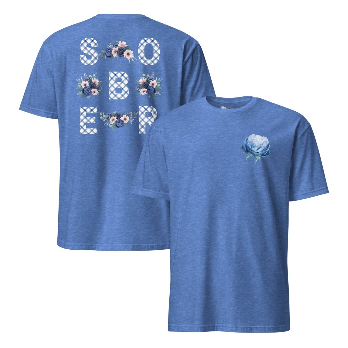SOBER - Blue Gingham Floral Print Essential T-Shirt with Rose Detail - Casual Summer Outfit for Women