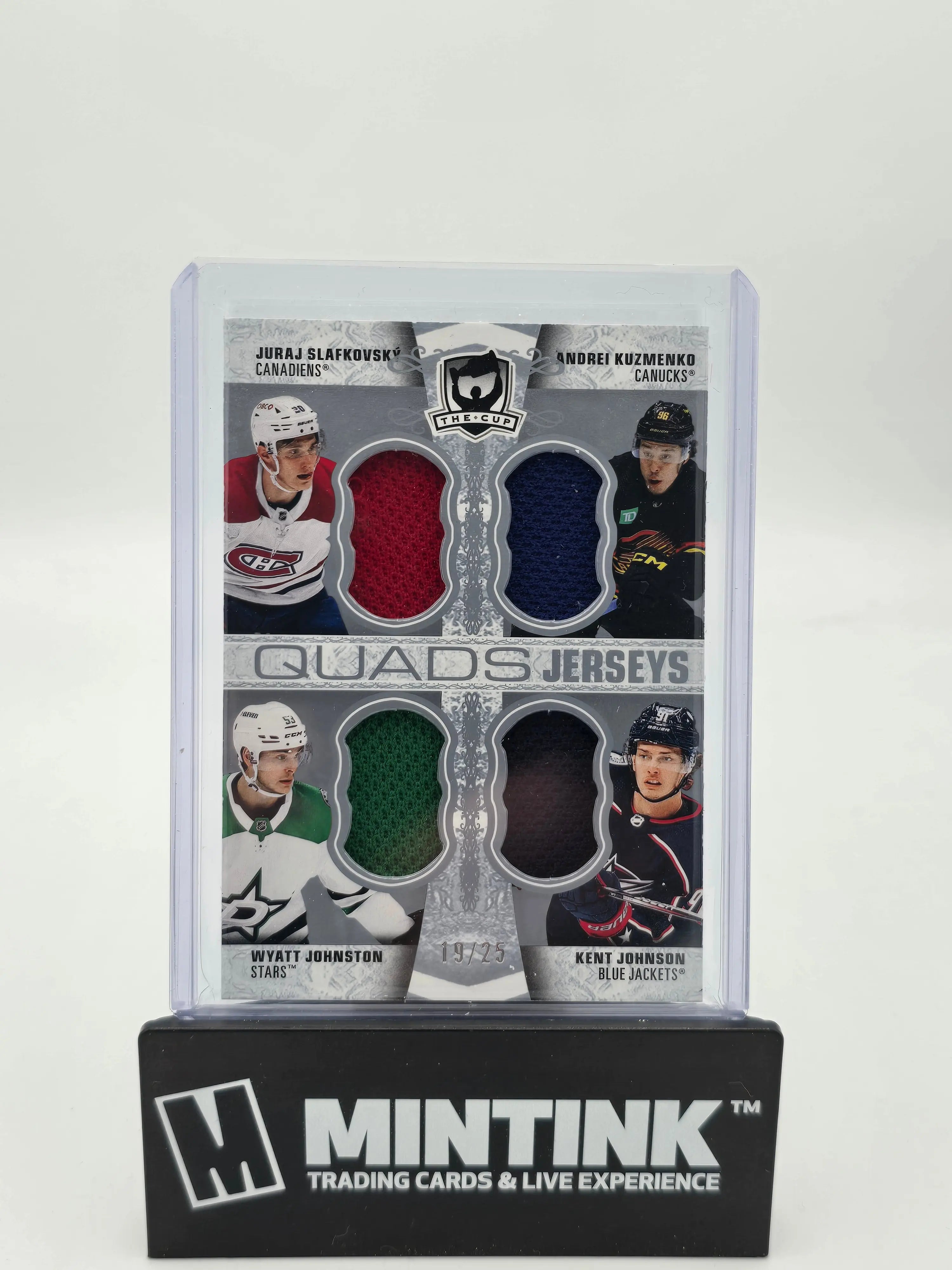 2022-23 Upper Deck The Cup Quads Jerseys Autograph Patch Card - Slafkovsky, Johnson, Johnston, Kuzmenko /25 - NHL Hockey Collectibles for Display & Investment