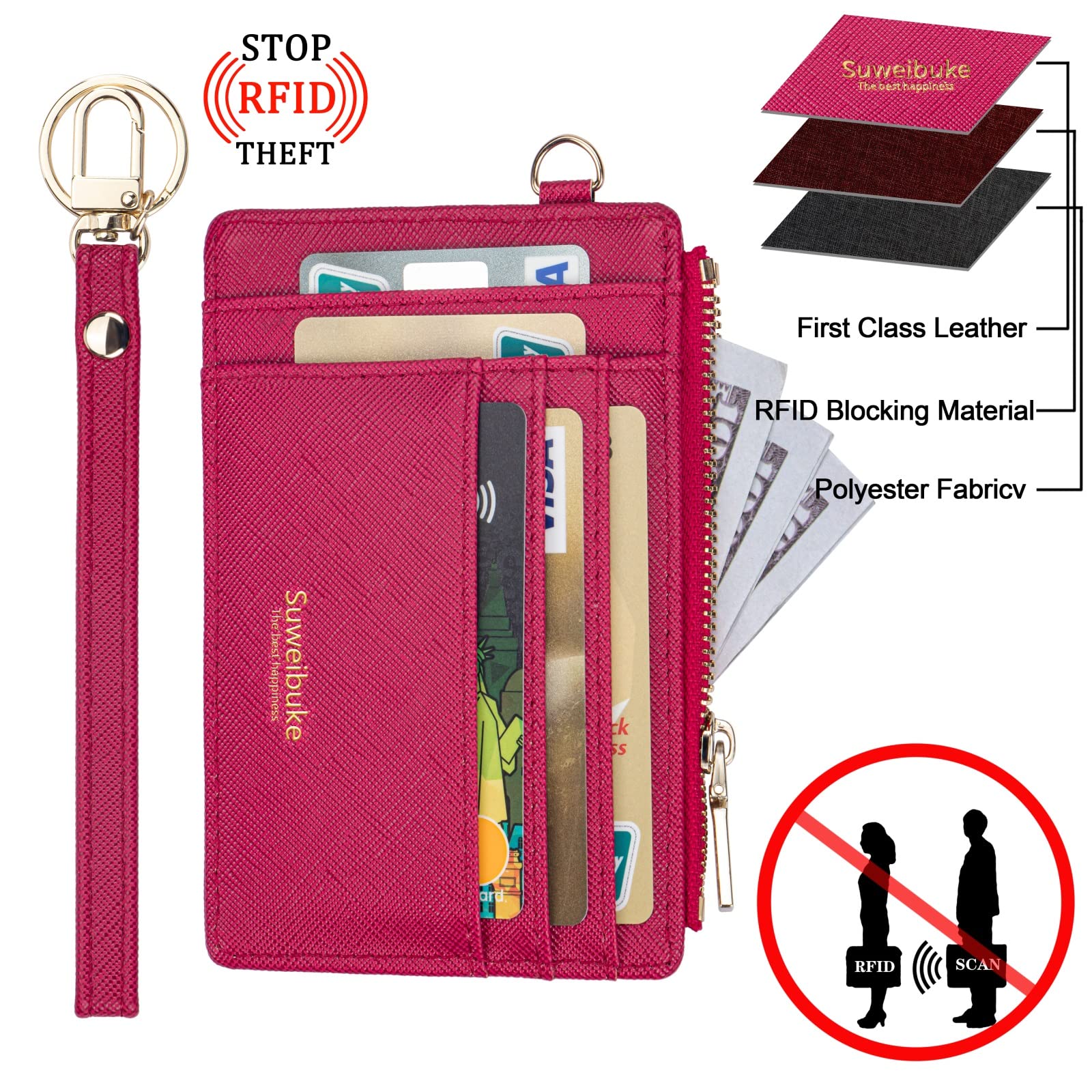 Wikavanli Women's Slim RFID Blocking Leather Wallet - Credit Card Holder Wristlet with Keychain, Zip ID Case & Coin Purse (Rose Red) | Perfect for Travel, Shopping & Everyday Use