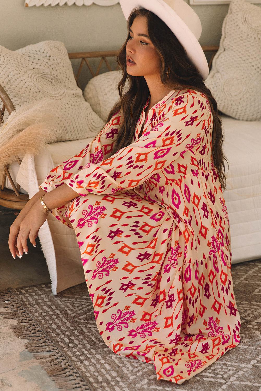 Stylish Western Abstract Geometric Printed Maxi Dress for Women - Perfect for Summer Vacations, Beach Parties & Boho Fashion