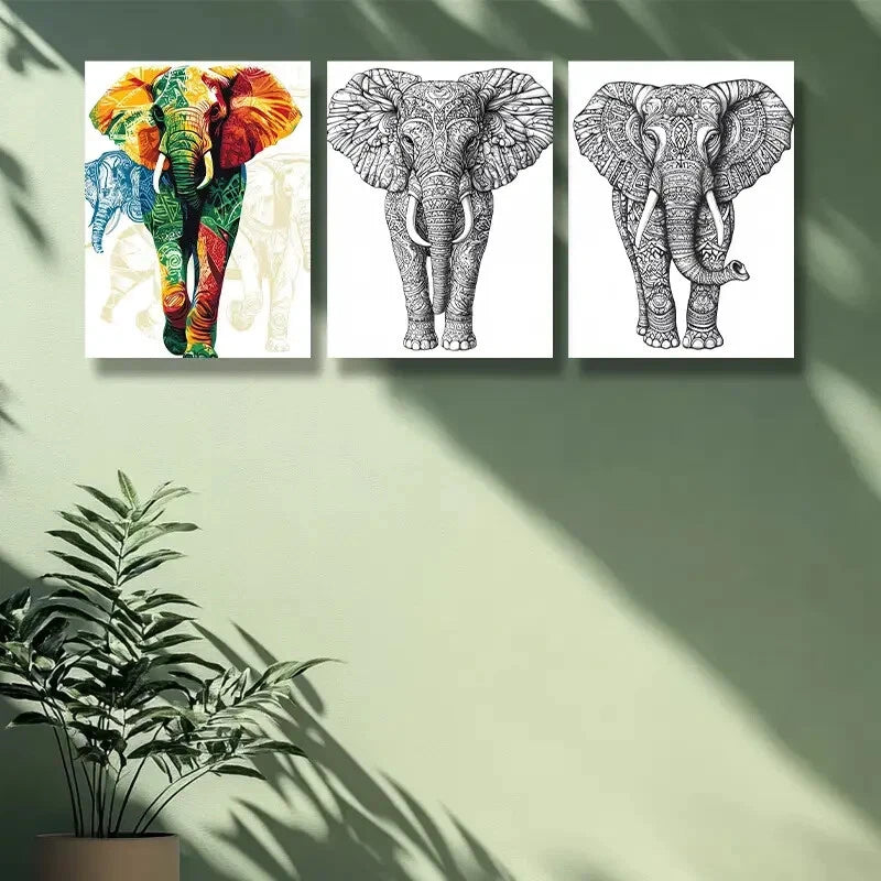 3-Piece Stylized Elephant Metal Wall Art - Ready to Hang Modern Home Decor for Living Room, Bedroom & Office - Unique Handmade Animal Painting for Contemporary Interior Design