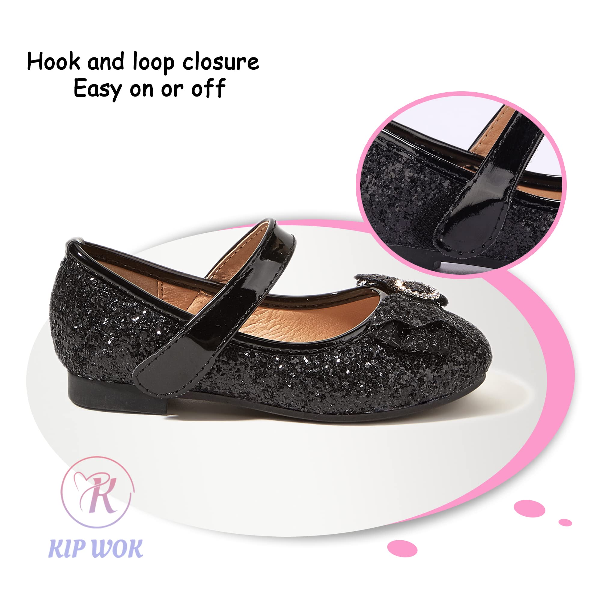 K KIP WOK Toddler Girls Mary Jane Shoes with Glitter & Flower Design - Ballet Flats for Wedding, Party, and Special Occasions
