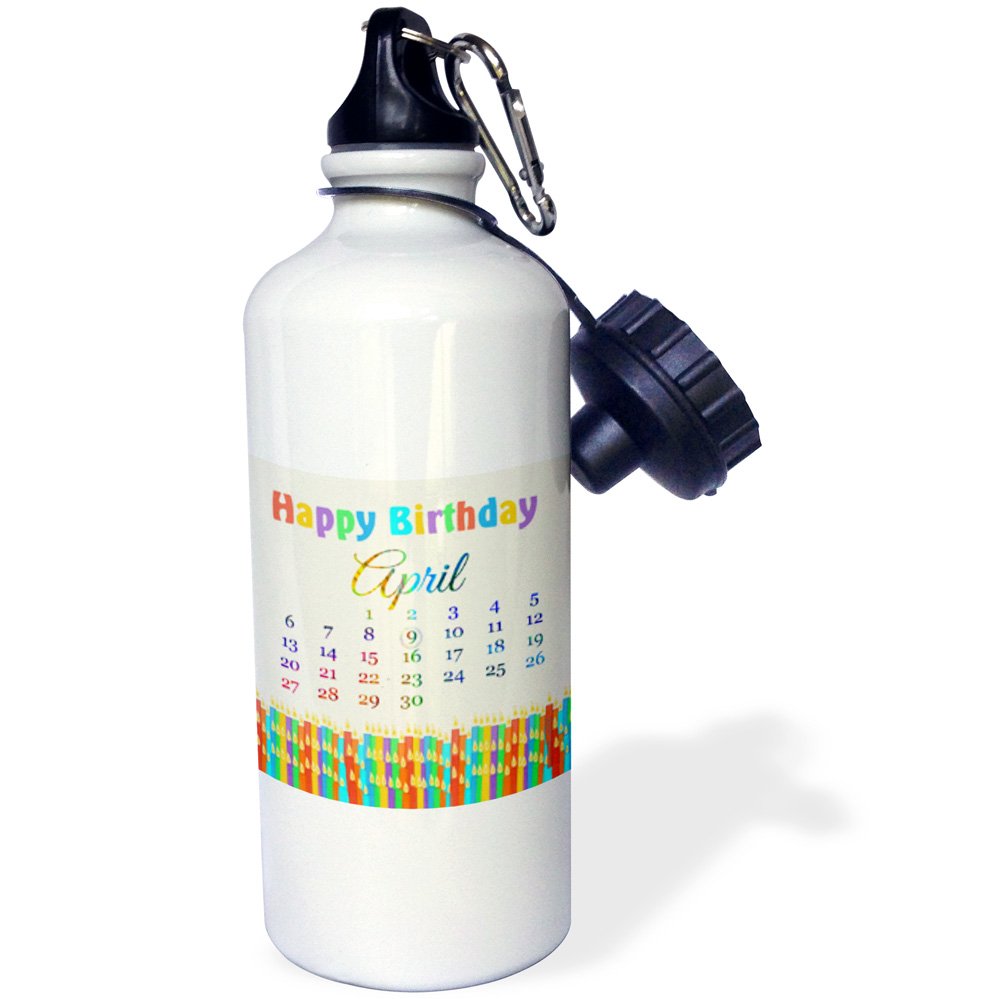 3dRose April 9th Birthday Sports Water Bottle - 21oz Colorful Candles Design with Flames, BPA-Free Insulated Bottle for Gym, Hiking & Outdoor Activities