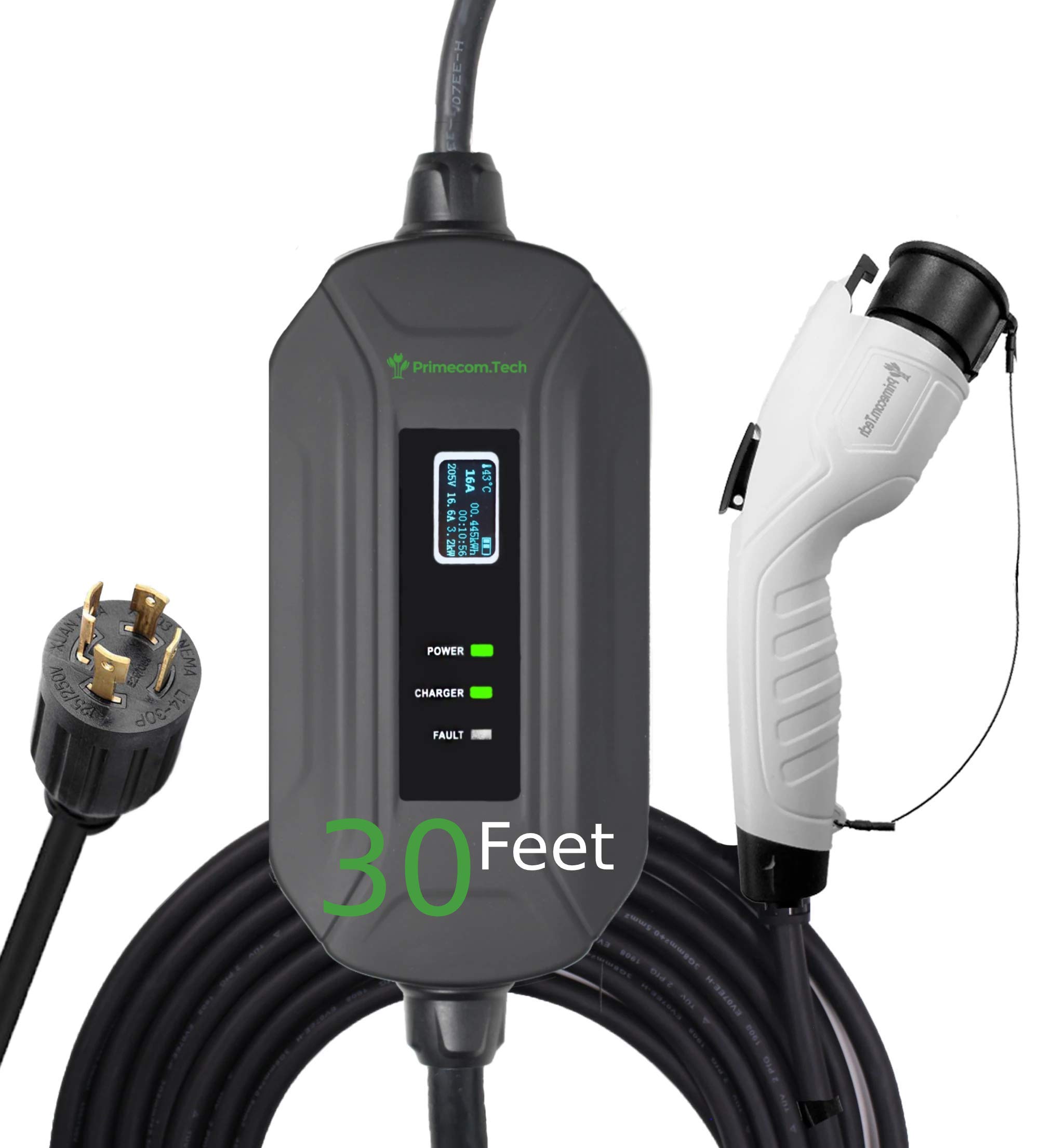 PRIMECOM Level 2 EV Charger 240V 16A Portable Smart Electric Car Charger with 30/40/50 ft Cable - NEMA L14-30P Plug for Home & Public Charging | Fast Charging for Tesla, Nissan Leaf, Chevy Bolt & More