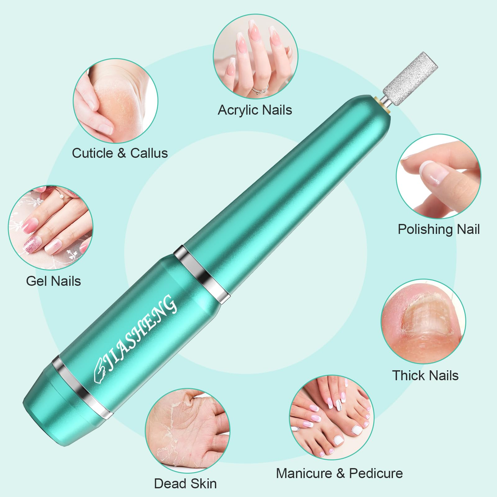 JIASHENG Professional USB Electric Nail Drill Kit - Portable Manicure & Pedicure Tool for Acrylic Gel Nails with Multiple Drill Bits - Perfect for Home Salon, Nail Art & DIY Nail Care (Green)