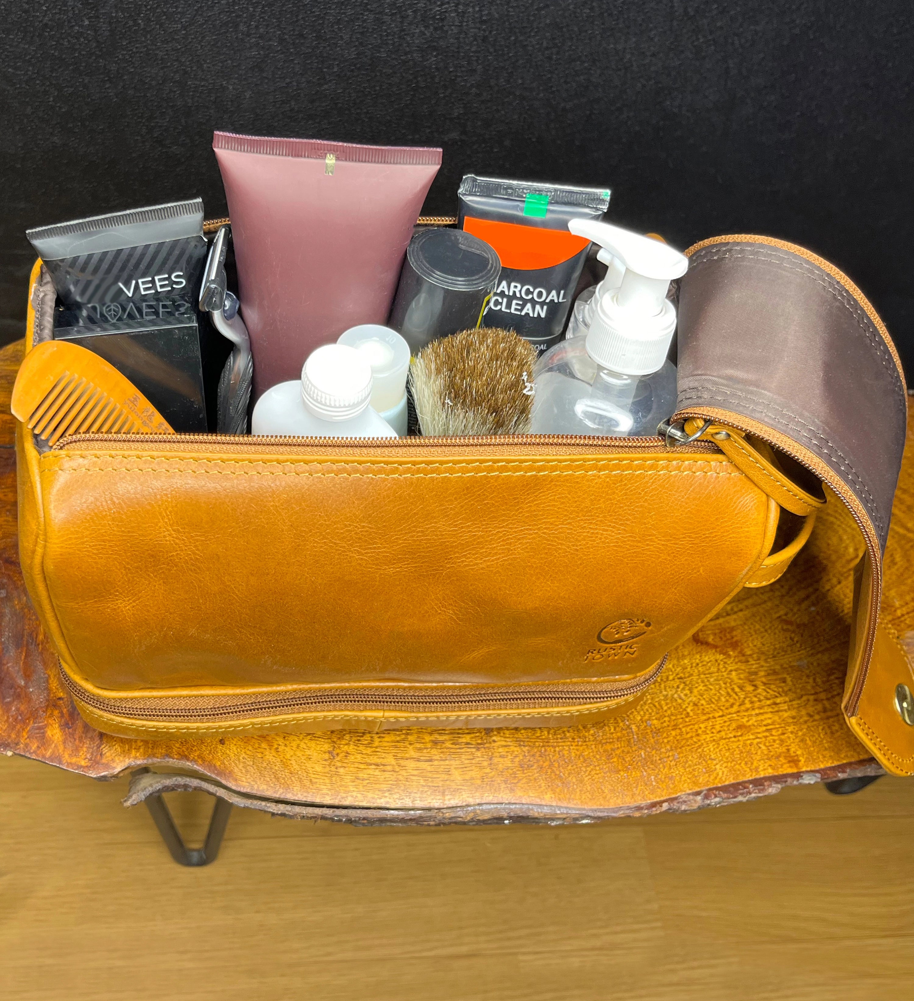 Premium Leather Toiletry Bag for Men & Women - Sam's Stylish Travel Dopp Kit in Cognac Brown - Perfect for Business Trips, Gym, Camping & Vacation Essentials