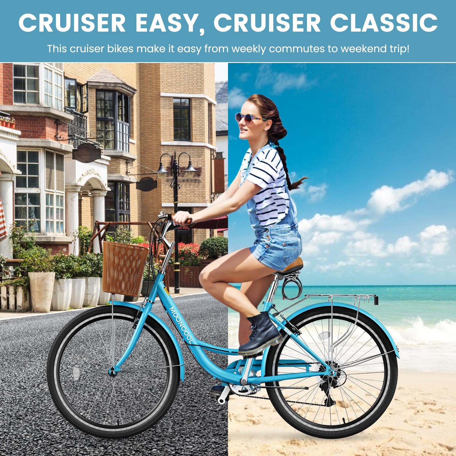 24/26 Inch Women's 7-Speed Cruiser Bike with Basket & Lock - Lightweight City Commuter Bicycle for Ladies - Perfect for Beach Rides, Daily Commuting & Leisure Cycling