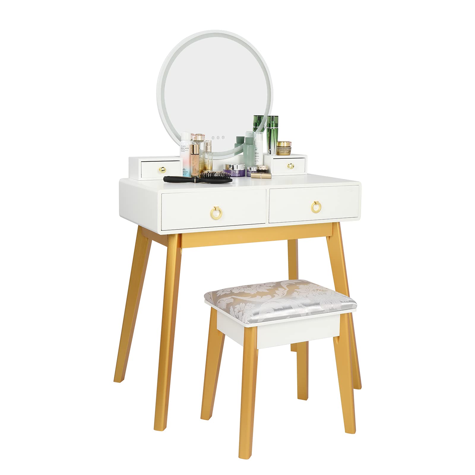 Luxury Real Wood Dressing Table with Adjustable LED Mirror - 3 Color Lighting, Modern Vanity Makeup Desk for Bedroom, Perfect for Home Decor & Beauty Routine