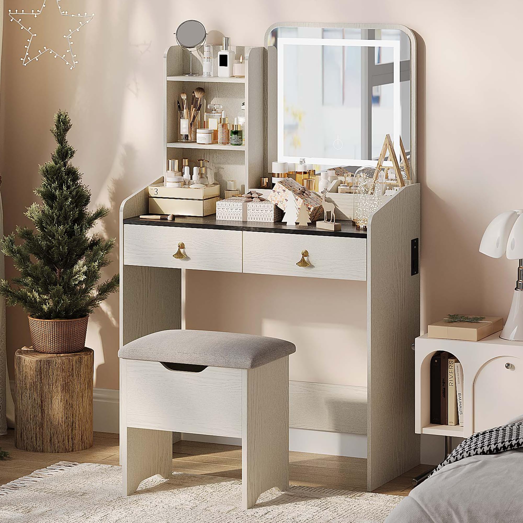 Vanity Desk with LED Light Mirror & USB Charging Station, Small Makeup Vanity Set with 2 Drawers & Storage Stool for Women Girls - White & Grey Tabletop | Perfect for Bedroom, Dorm Room & Beauty Salon