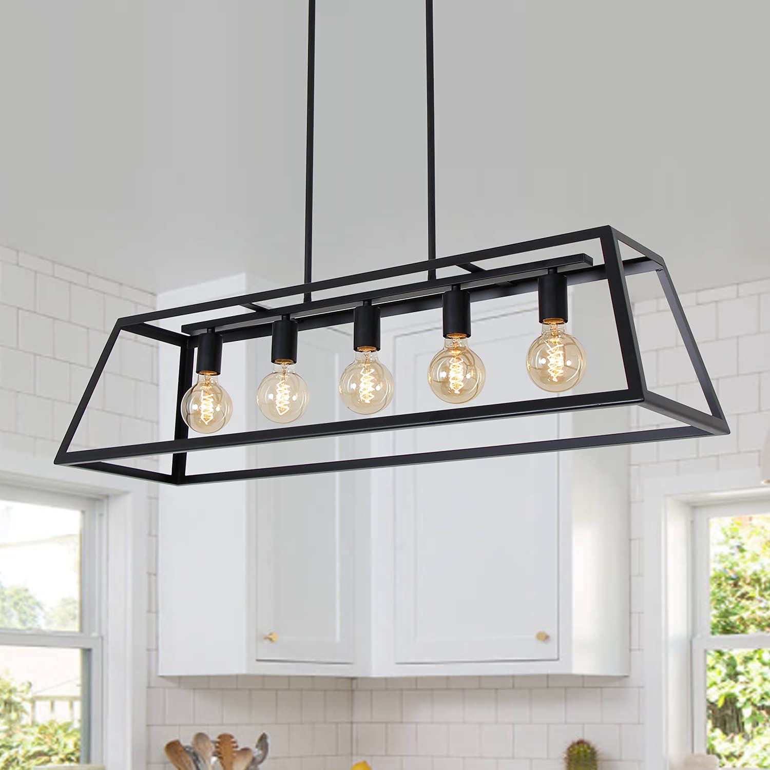 Modern Farmhouse Linear Pendant Light - 5-Light Black Industrial Rectangular Chandelier (38-Inch) for Kitchen Island, Dining Room, Living Room & Foyer - Perfect for Rustic Home Decor & Bar Lighting