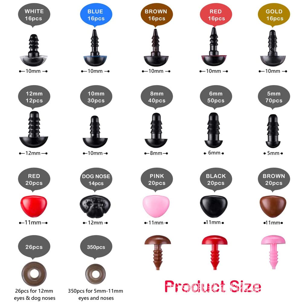 Qtopun 752-Piece Plastic Safety Eyes and Noses with Washers - Colorful Craft Doll Eyes & Animal Noses for Amigurumi, Plush Toys, Teddy Bears, Crochet Projects - Perfect for DIY Stuffed Animals, Handmade Gifts, and Kids Crafts
