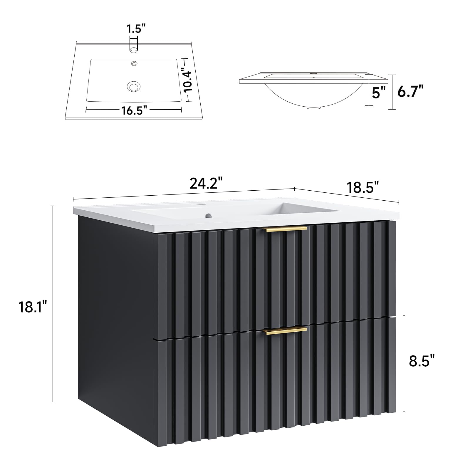 24 Inch Floating Bathroom Vanity with Sink Combo - Modern Wall Mount Storage Cabinet with 2 Fluted Drawers, Metal Handles & Ceramic Integrated Sink - Space Saving Design for Small Bathrooms, Powder Rooms or Apartments (Black)