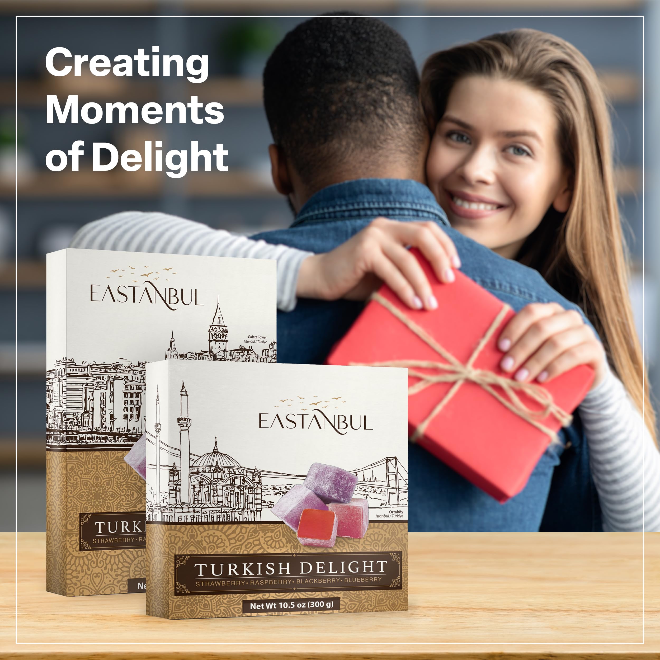 Premium Eastanbul Turkish Delight Lokum - 10.5oz Assorted Fruit Flavors (Strawberry, Blackberry, Raspberry, Blueberry) | Gluten-Free, Vegan, No Artificial Ingredients | Authentic Turkish Candy Gift Box | Perfect for Holidays, Parties & Gourmet Dessert Platters