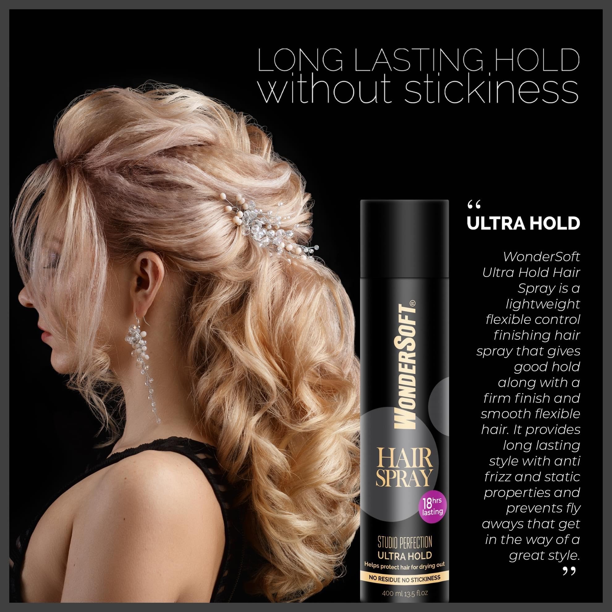 Wondersoft Professional Studio Perfection Hair Styling Spray - 18 Hour Ultra Strong Hold, No Residue & Non-Sticky Formula for All-Day Volume & Control | Perfect for Salon Styling, Weddings, and Special Events