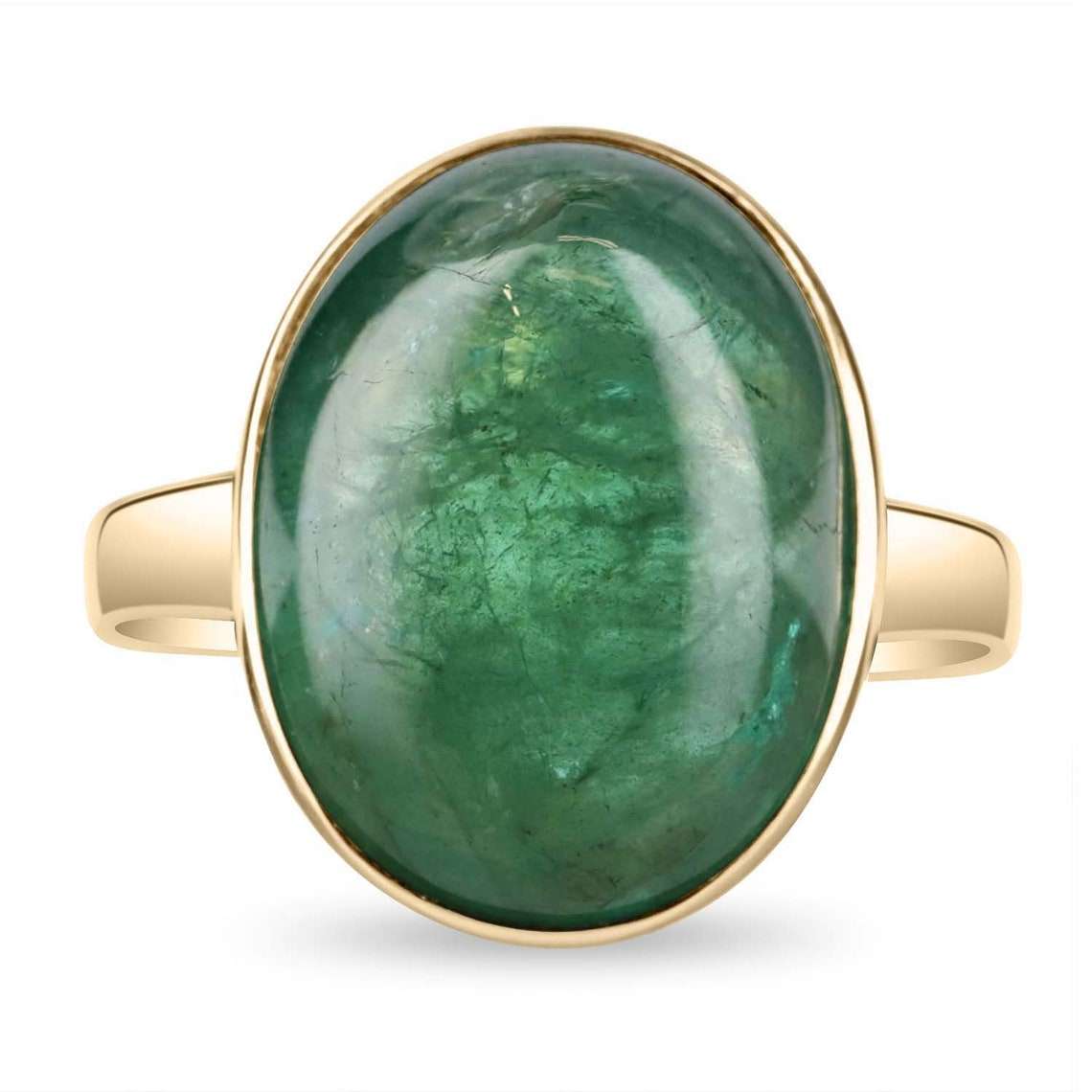 16.37 Carat Large Deep Green Cabochon Emerald Solitaire Bezel Ring in 14K Gold - Elegant Jewelry for Weddings, Anniversaries & Special Occasions