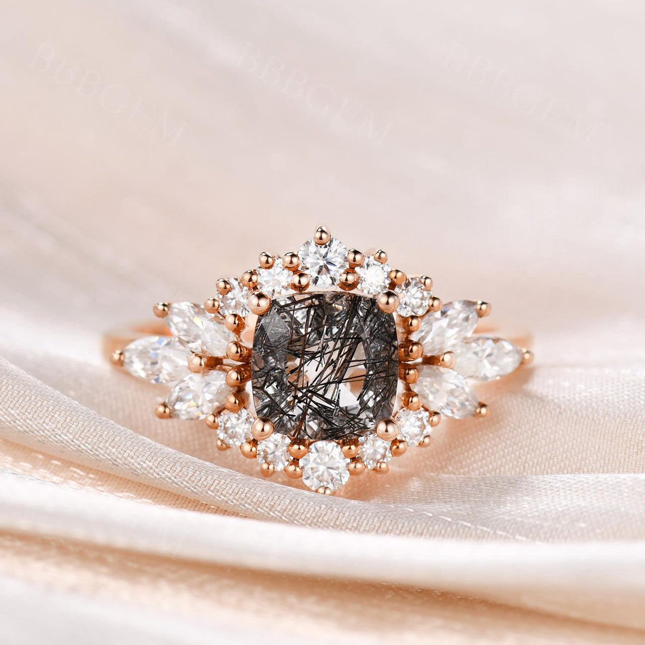 Exquisite Cluster Moissanite Halo Cushion Ring with Black Rutilated Quartz & Tourmaline | Vintage Cocktail Jewelry for Women | Perfect for Evening Parties, Weddings & Special Occasions