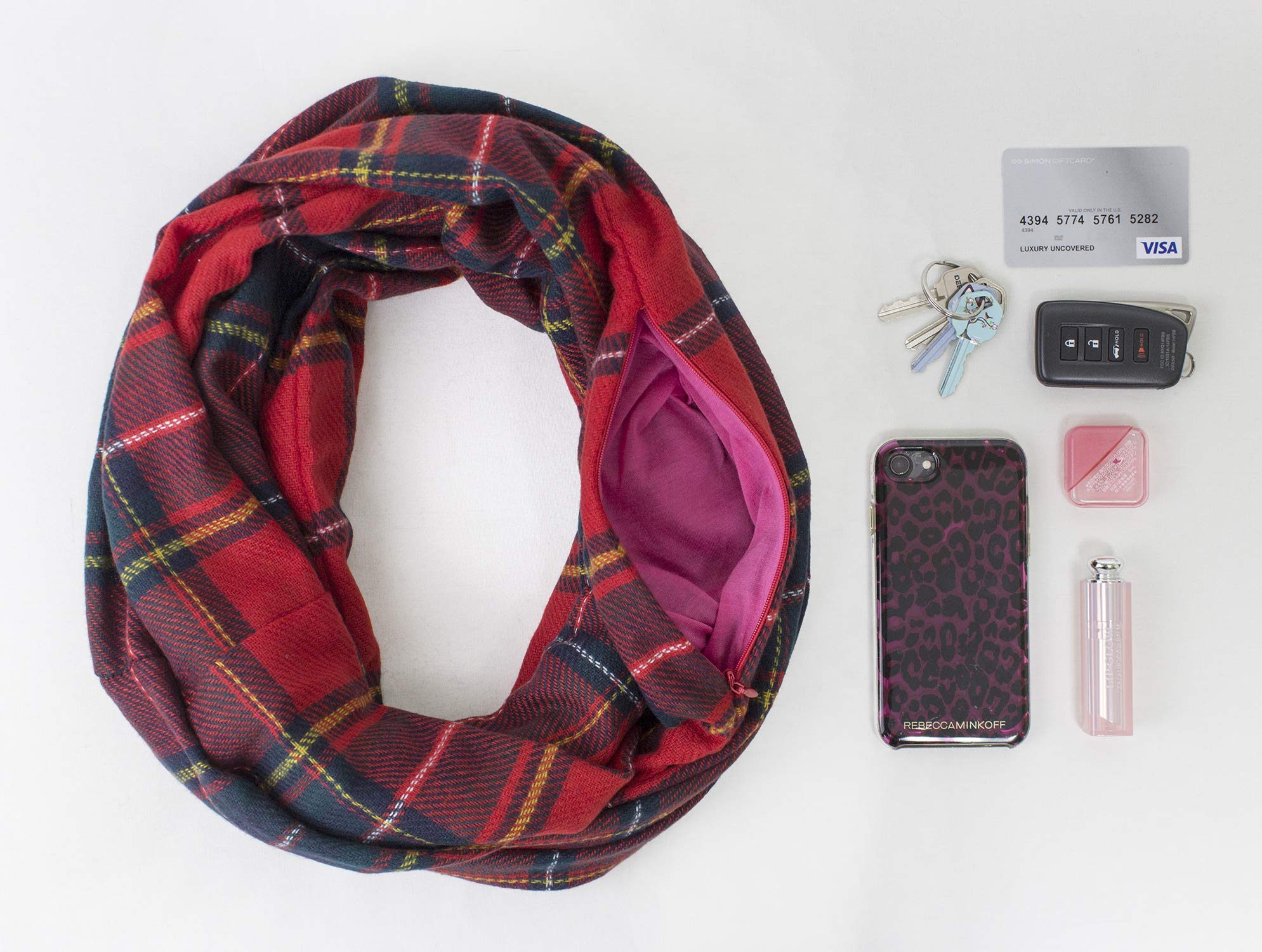 Stylish Winter Plaid Infinity Scarf with Hidden Zipper Pocket - Warm Fashion Travel Scarf for Women & Men - Perfect for Cold Weather, Outdoor Activities & Gift Giving