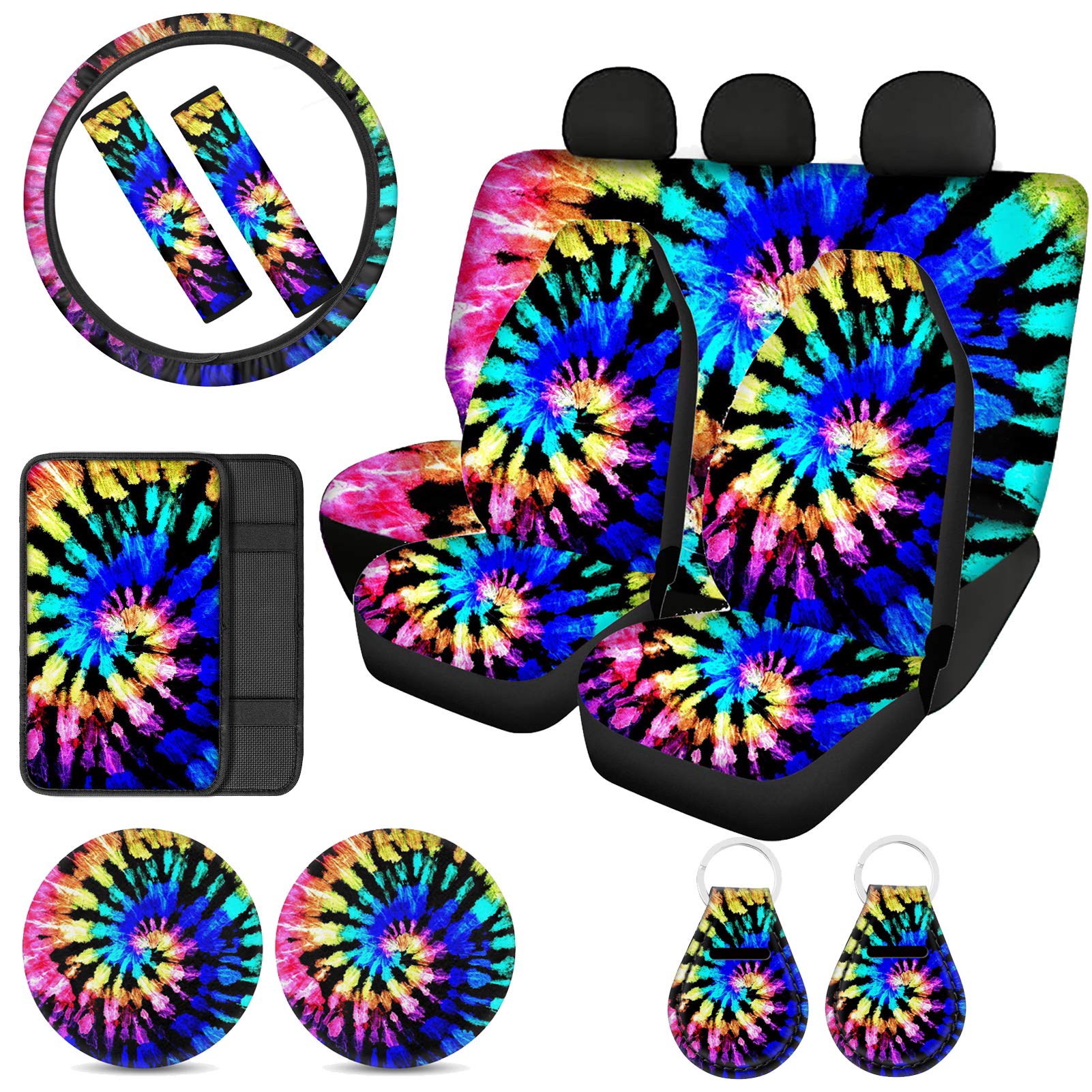 Tie Dye Car Seat Covers Full Set - Rainbow Steering Wheel Cover, Console Armrest Protector, Seat Belt Pads & Keychains for SUV, Truck, Sedan - Turquoise Blue Car Accessories for Women & Men | Perfect for Road Trips, Daily Commute & Customizing Your Vehicle