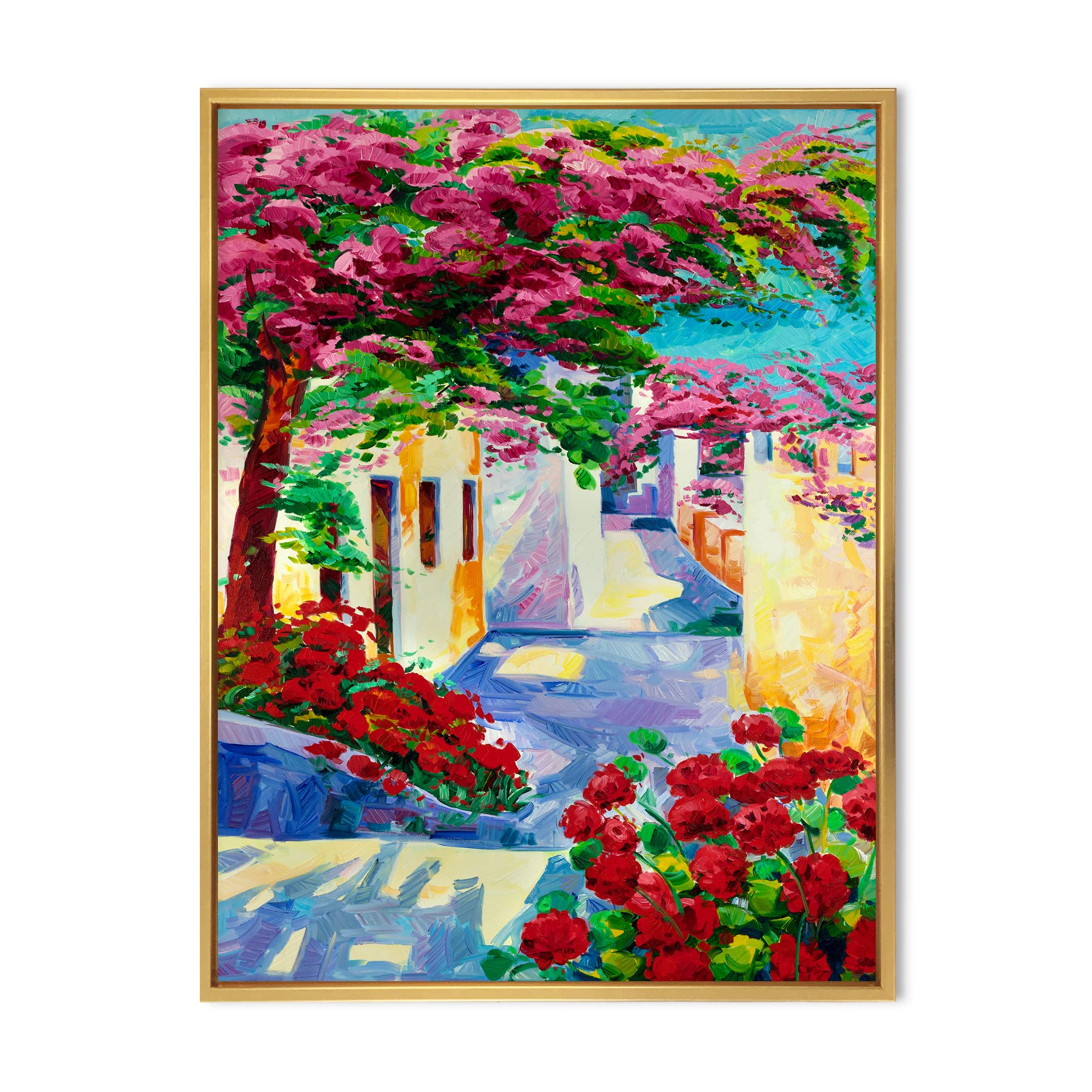 DesignQ Colorful Traditional Santorini Houses - Nautical & Coastal Framed Canvas Wall Art Print - Perfect for Beach House Decor, Mediterranean Style Living Room, or Vacation Home Wall Decor
