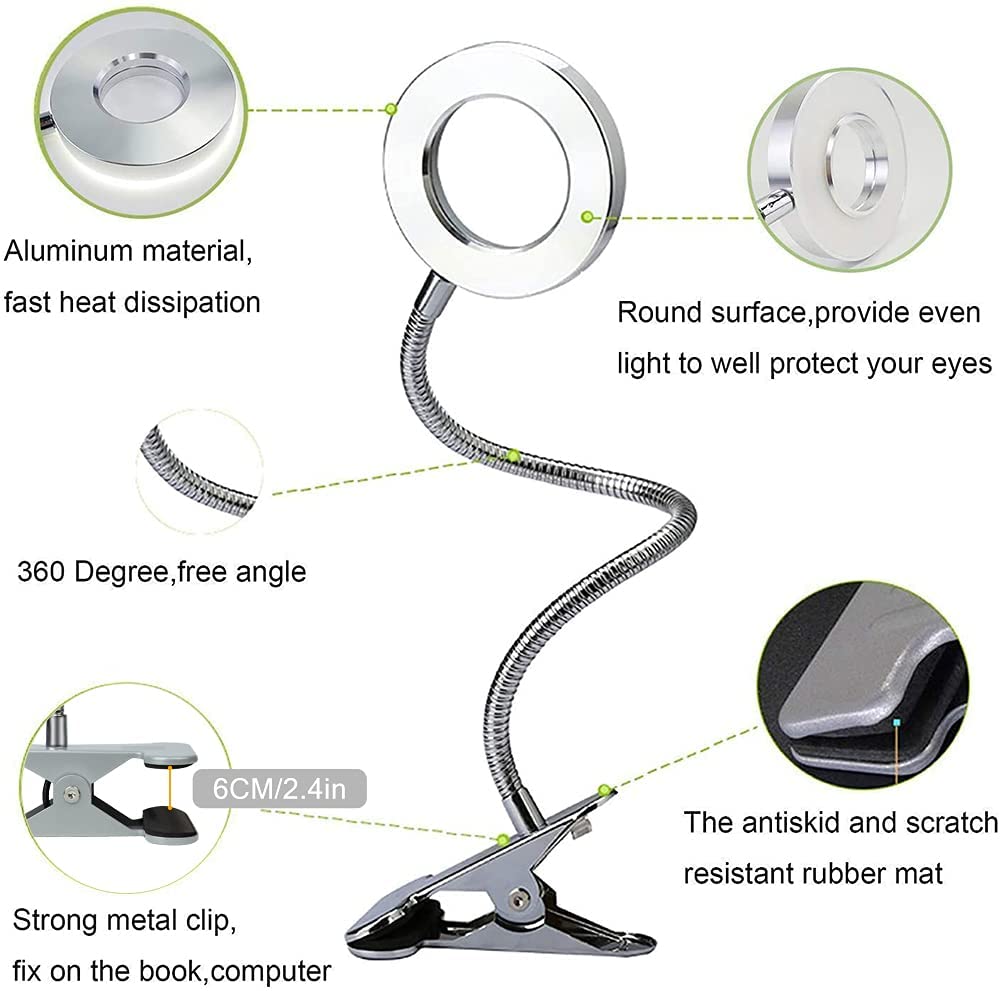 DINGLILIGHTING DLLT LED USB Reading Light Clip - Adjustable 2 Light Colors, Eye-Caring Desk Lamp for Laptop, Books, Piano, Bed Headboard - Includes Adapter | Perfect for Night Reading, Studying & Office Work