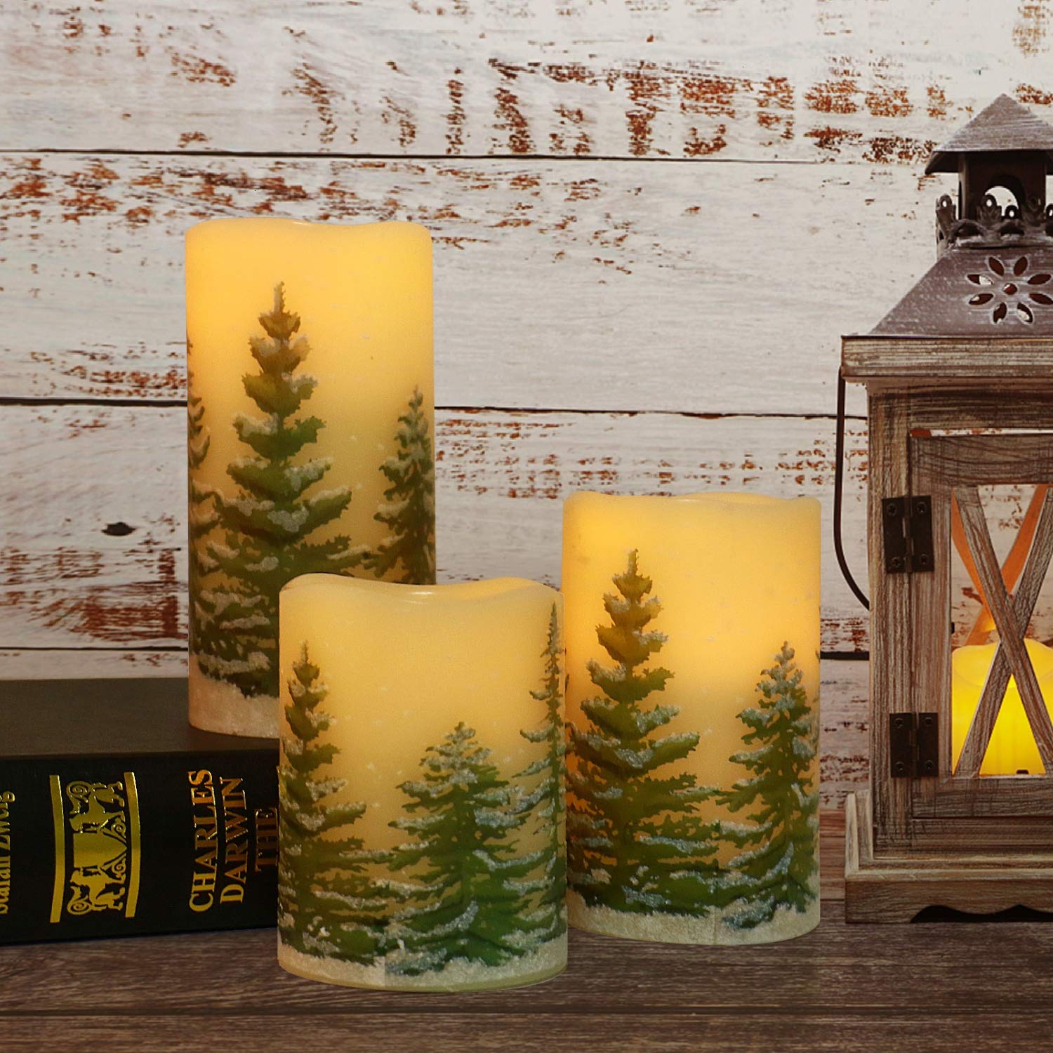 Battery Operated Flameless Candles with Timer - Set of 3 Real Wax Christmas Pillar Candles with Holiday Tree Design | Safe LED Flickering Candles for Home Decor, Party, Wedding & Christmas Celebration