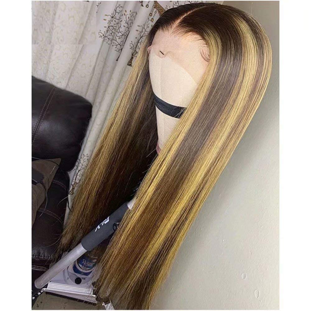 150 Density #4/27 Ombre Highlight Lace Front Human Hair Wig - 13x6 Deep Part Straight Brazilian Remy Hair with Baby Hair for Black Women - 22 Inch Natural Looking Wig for Daily Wear, Parties & Special Occasions
