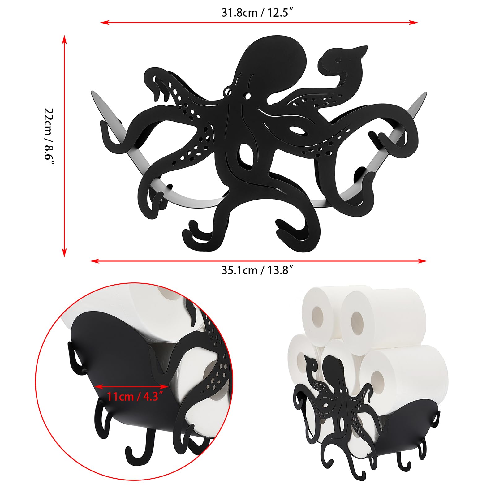 Octopus Toilet Paper Holder - Freestanding Metal Bathroom Tissue Roll Organizer for Shelf, Table, Counter & Floor | Whimsical Home Decor for Bathroom, RV & Office Use