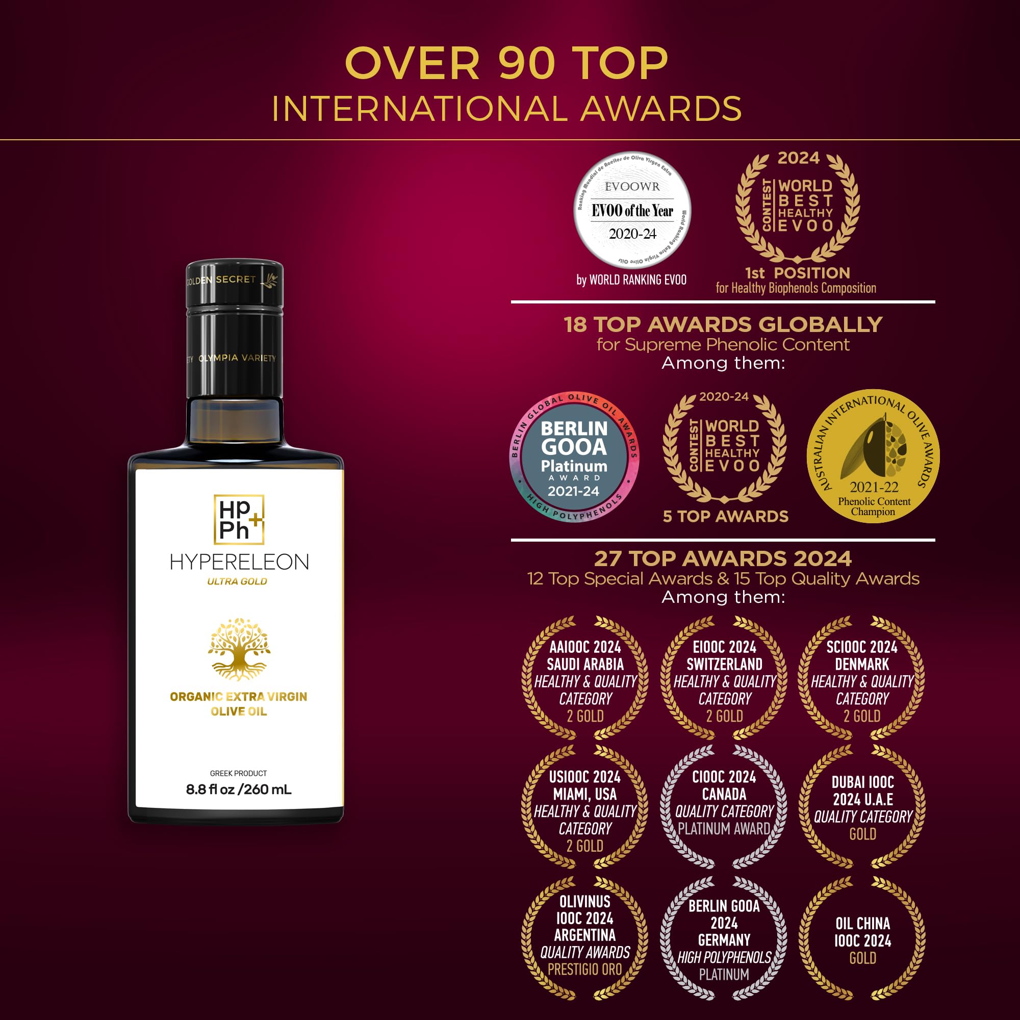 HYPERELEON ULTRA GOLD Premium Organic Greek Extra Virgin Olive Oil - 100% Pure, Natural, Unfiltered & Rich in Polyphenols - Award-Winning (95 Global Awards) - 260ml Bottle - Perfect for Salad Dressing, Cooking & Healthy Diets