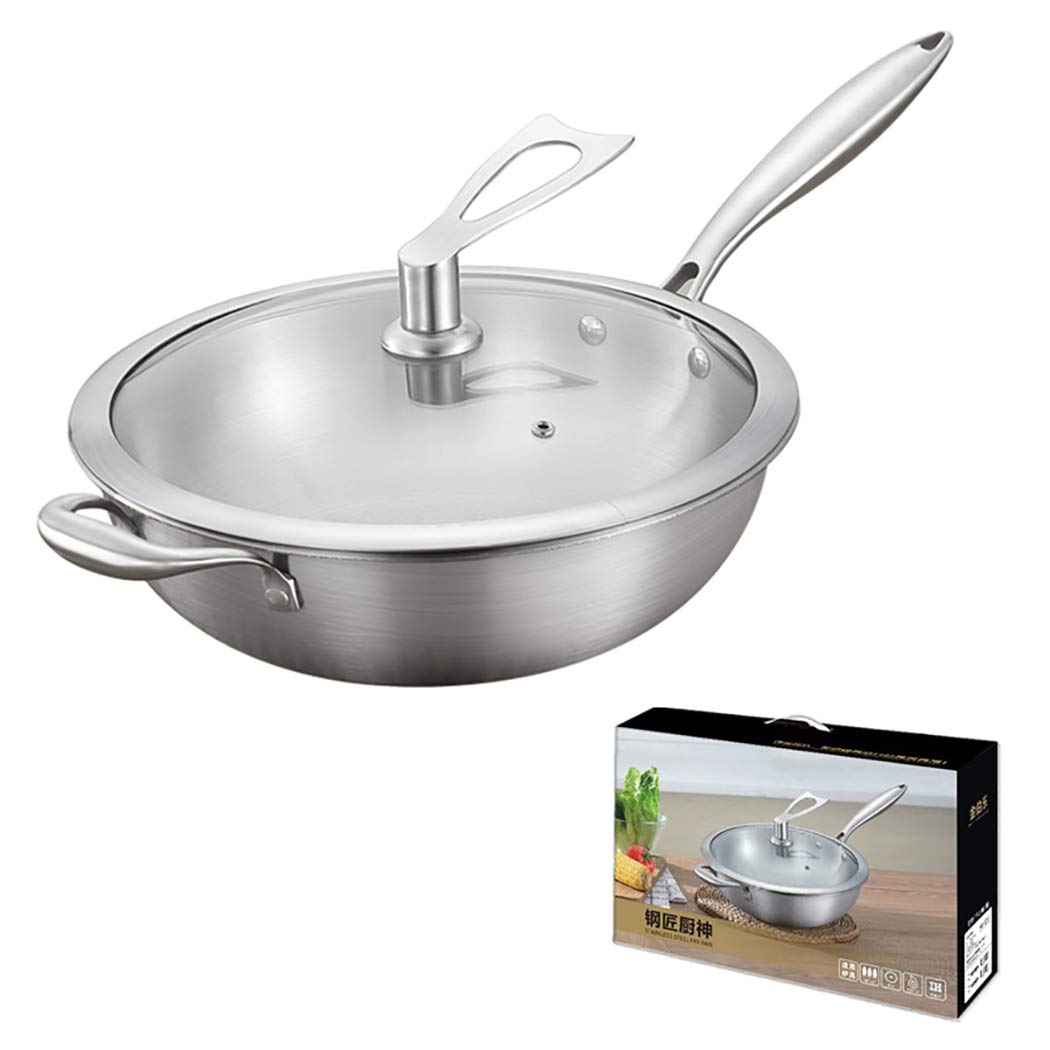 One Piece Multi-Ply Clad 18/10 Stainless Steel Wok Pan - 12.5 Inch Stir Fry Pan with Dome Lid & Steamer Basket - Professional Cookware for Asian Cuisine, Stir Frying, Steaming - Perfect for Home Chefs & Restaurant Use