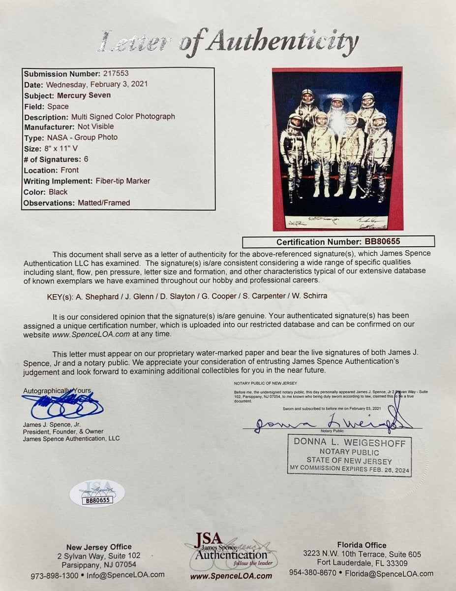 NASA Mercury Seven Signed Framed 8x10 Photo - JSA Certified BB80655 - Authentic Astronaut Collectible for Home & Office Decor