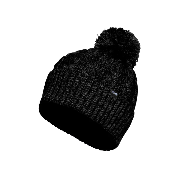 Kombi Black Braidy Merino Pom Pom Beanie for Kids - Warm Winter Hat for Boys & Girls - Perfect for Snow Play, Skiing, and Outdoor Adventures