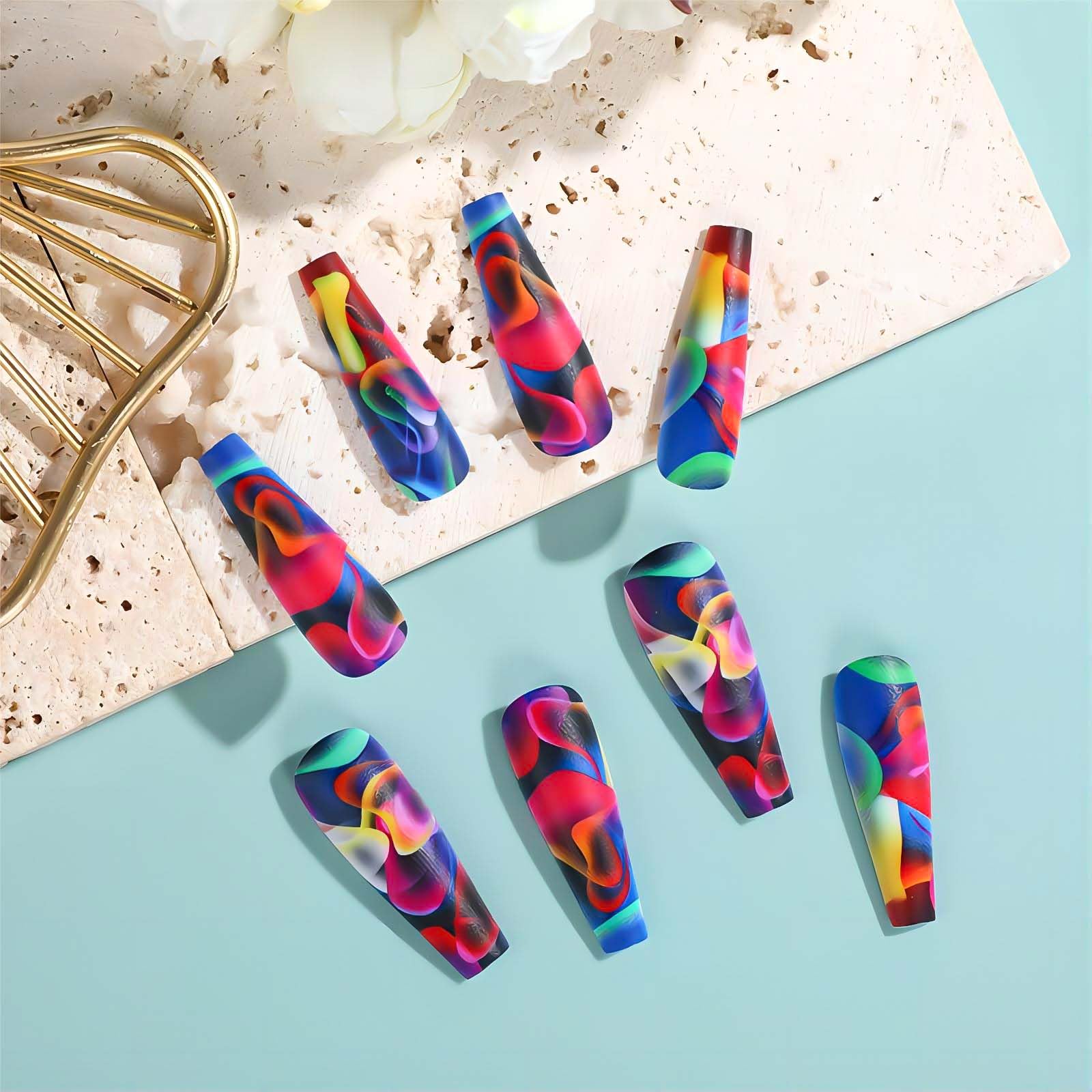 24Pcs Acrylic Press on Nails Long Coffin Fake Nails with Glue - Water Ripple Rainbow Designs Full Cover Artificial Nails for Women, Salon & Party Use
