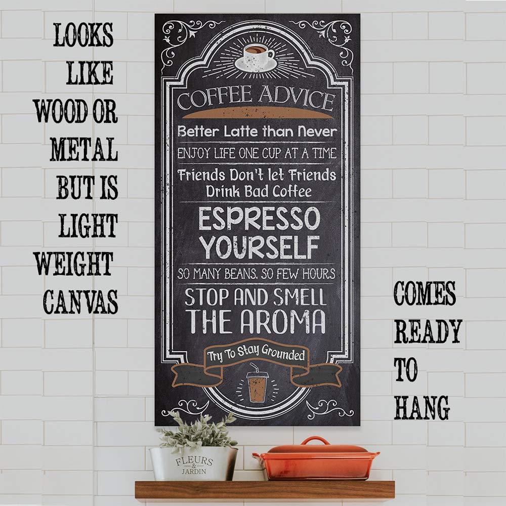 Extra Large 24x48 Coffee Advice Espresso Yourself Chalkboard Wood Style Vertical Stretched Canvas - Classic Coffee Bar Decor, Kitchen Table Accessories, Farmhouse Display | Perfect for Coffee Shops, Home Kitchens & Rustic Cafés