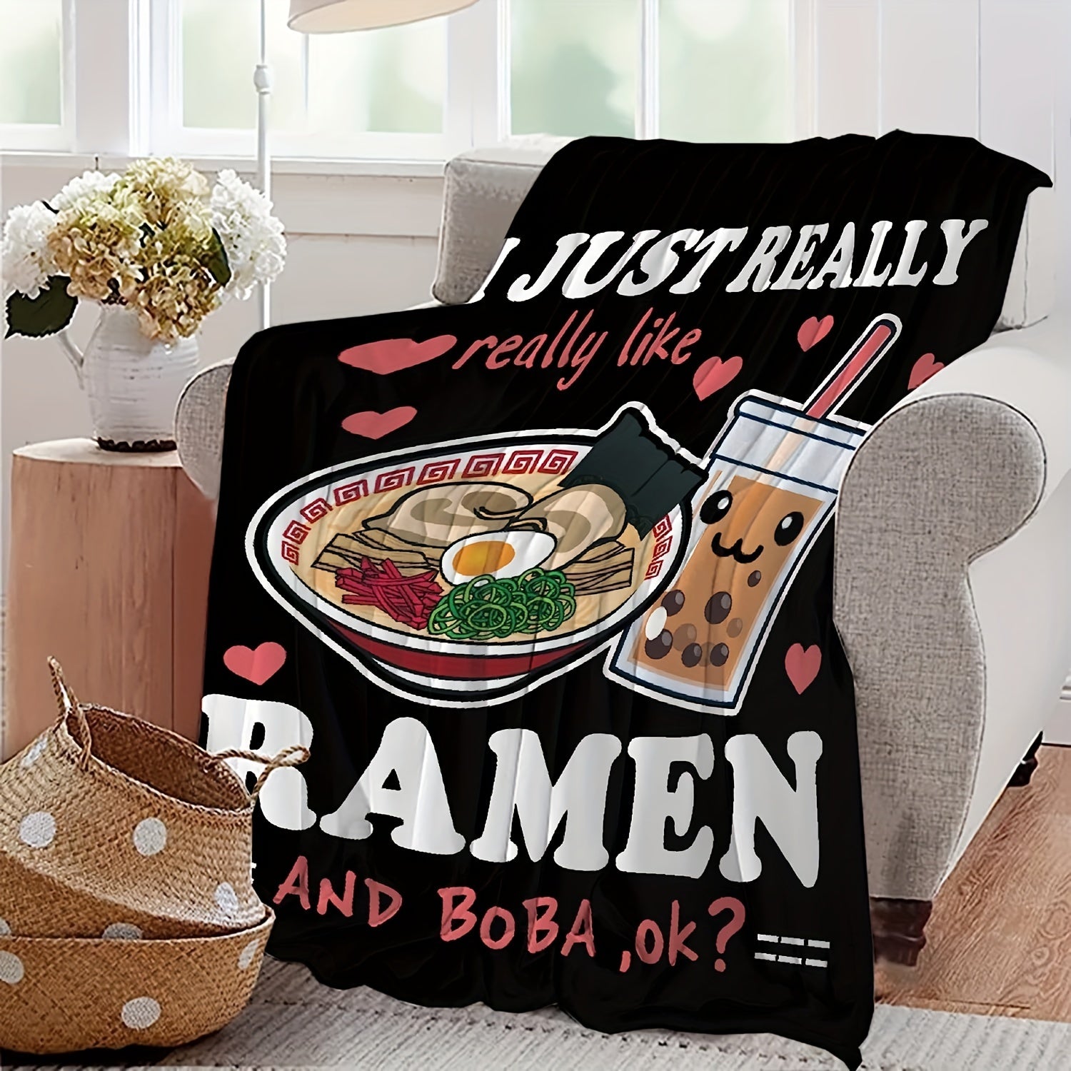 1pc Ultra Soft Luxurious Ramen Milk Tea Blanket - Adorable Kawaii Design for Noodle Lovers & Bubble Tea Fans - Perfect Cozy Gift for Anime Enthusiasts, Home Decor, Office Nap, and Couch Snuggling