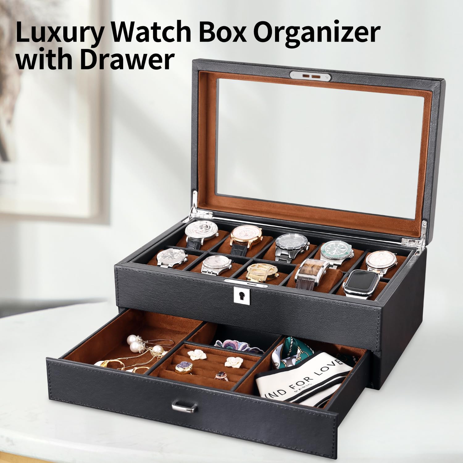 Premium Leather Watch Box with Drawer - 10 Slot Locking Jewelry & Watch Organizer for Men - Luxury 2-Tier Watch Case Display - Perfect for Watch Collection Storage & Travel Use