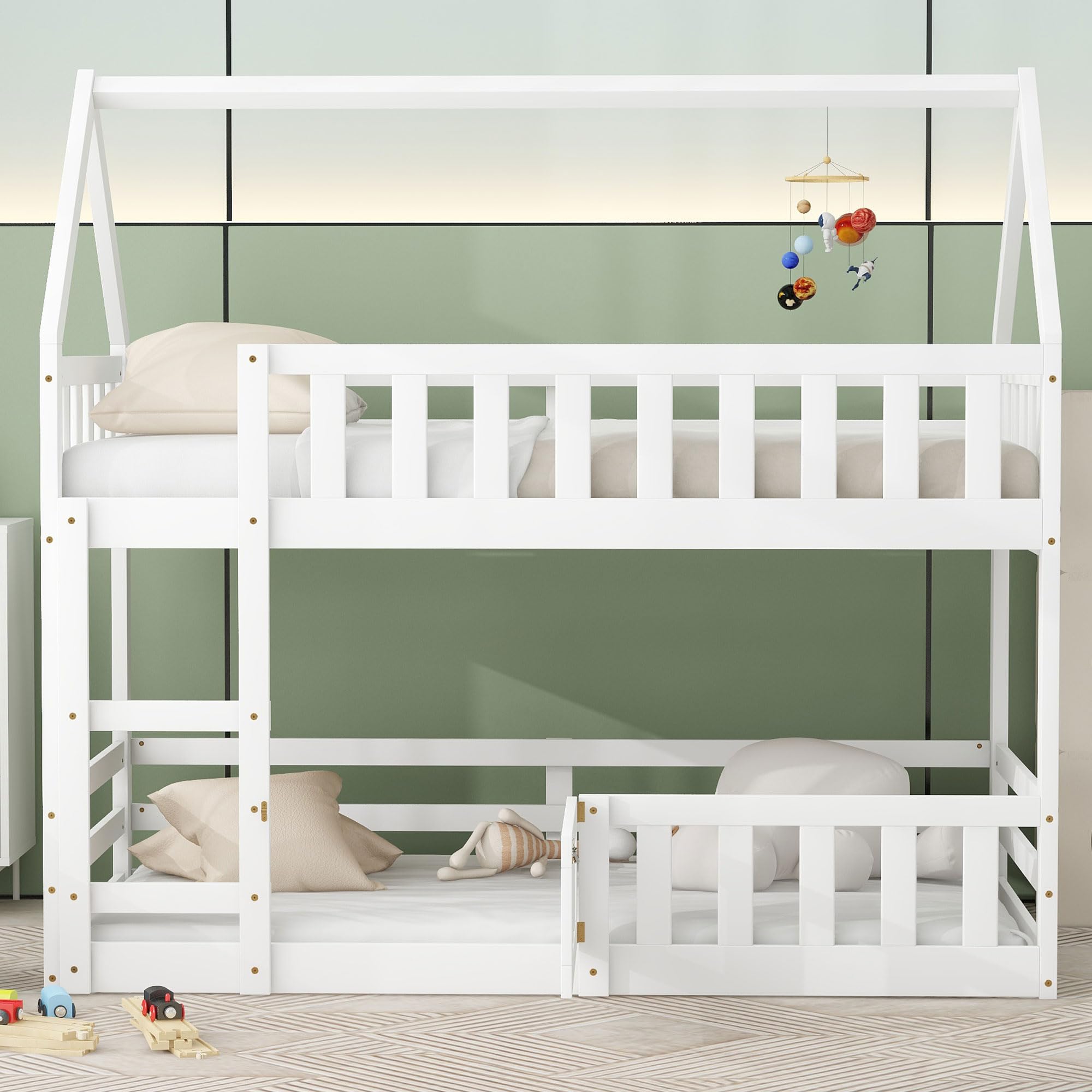 Twin Over Twin Bunk Bed with Safety Fence & Door - Solid Wood Montessori Floor Bed for Toddlers & Kids - No Box Spring Needed - White - Perfect for Small Bedrooms, Daycare Centers & Montessori Schools