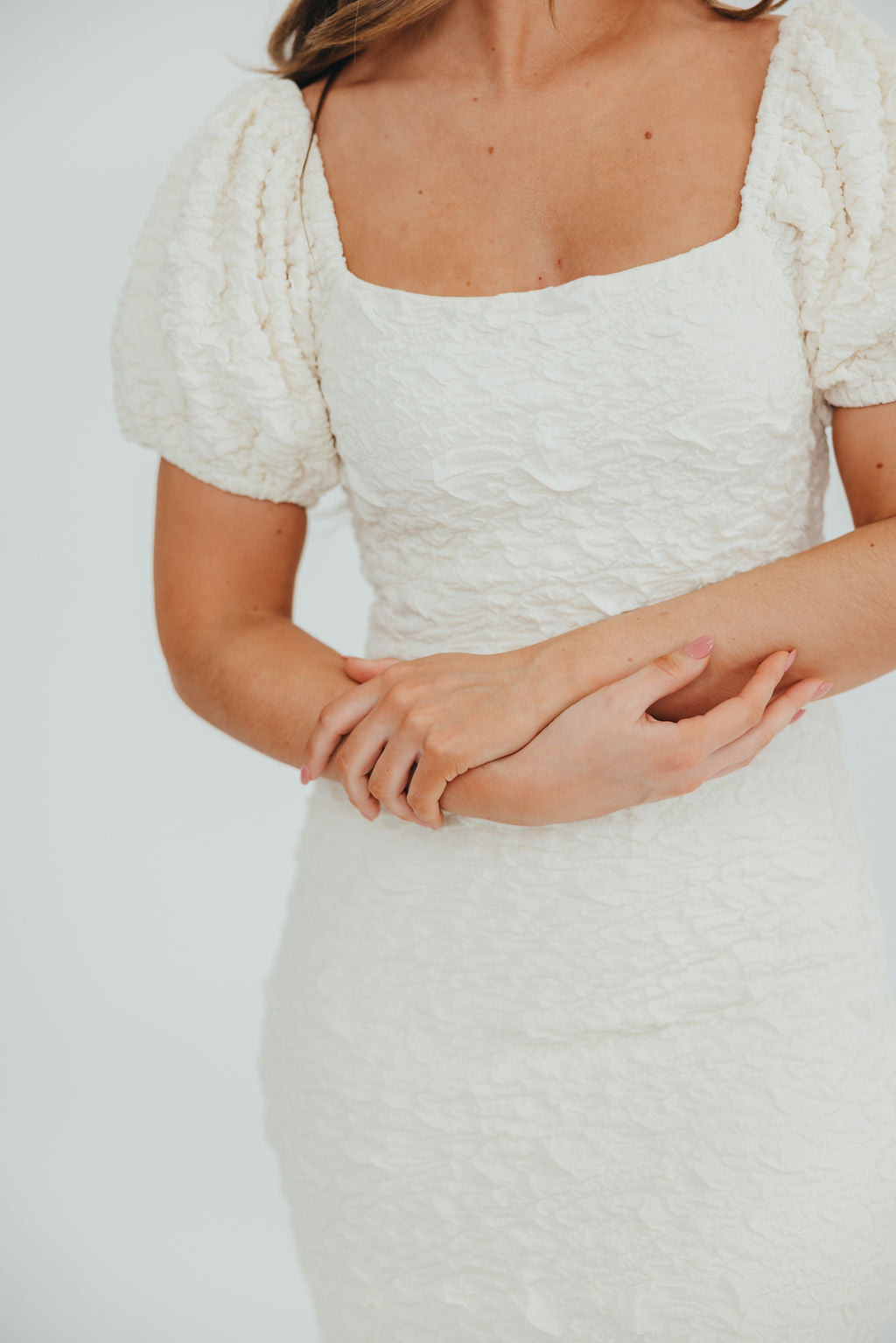 Blakeley Textured Midi Dress in Ivory - Bump Friendly Maternity Dress & Inclusive Sizing (S-3XL) | Perfect for Baby Showers, Bridal Events & Everyday Wear