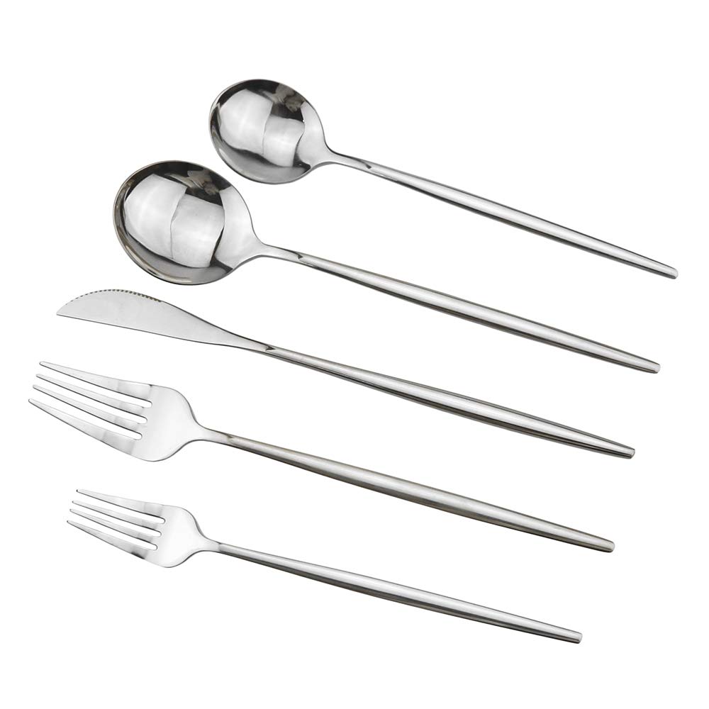 Premium 10-Piece Stainless Steel Silverware Set - 304 Mirror Polished Cutlery with Curved Design (Forks, Spoons, Knives) - Dishwasher Safe Flatware for 2 - Perfect for Dinner Parties, Restaurants & Everyday Dining (Silver)
