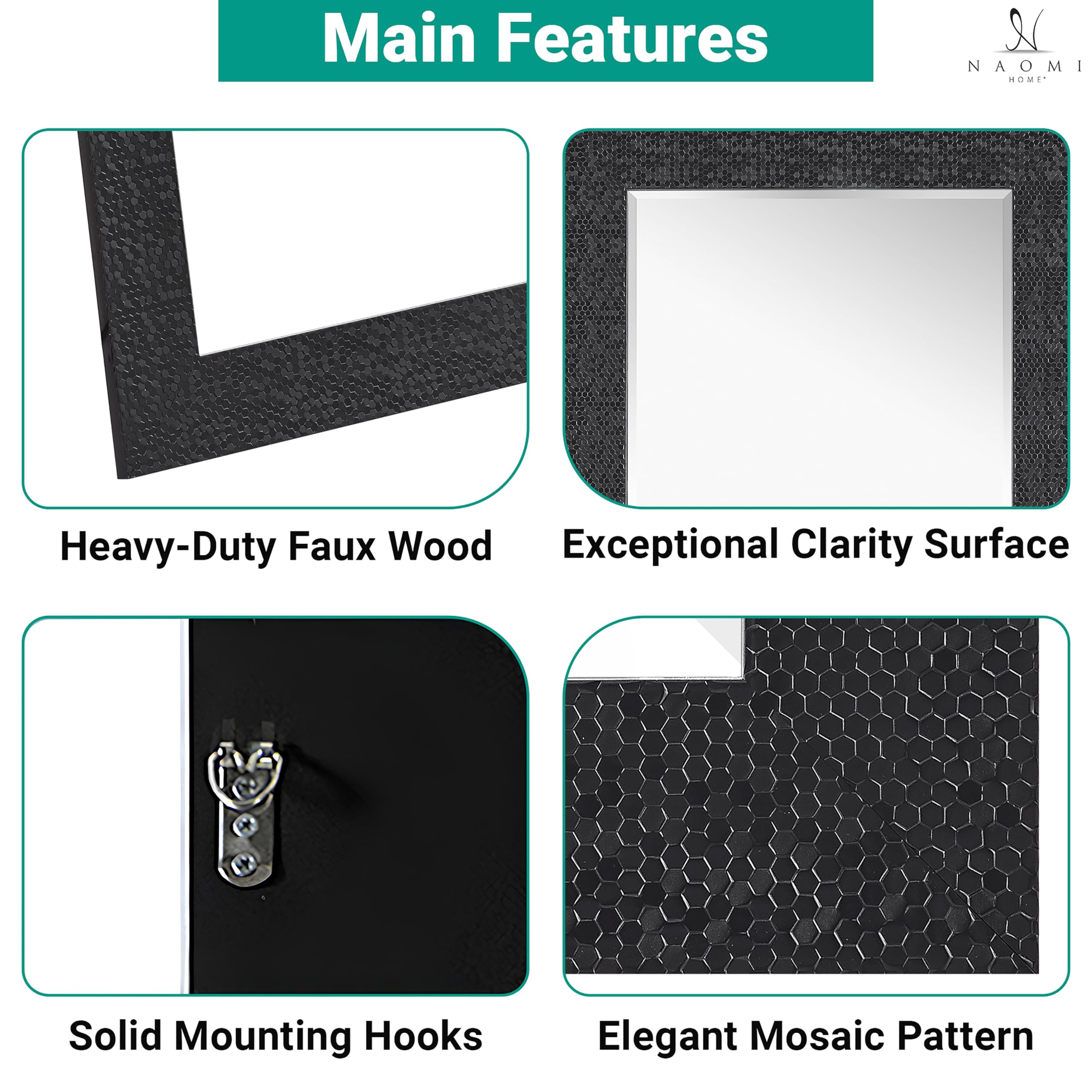 Naomi Home Mosaic Full Length Mirror - Large Black Wall or Floor Mirror for Bedroom, Living Room & Dressing Room Decor