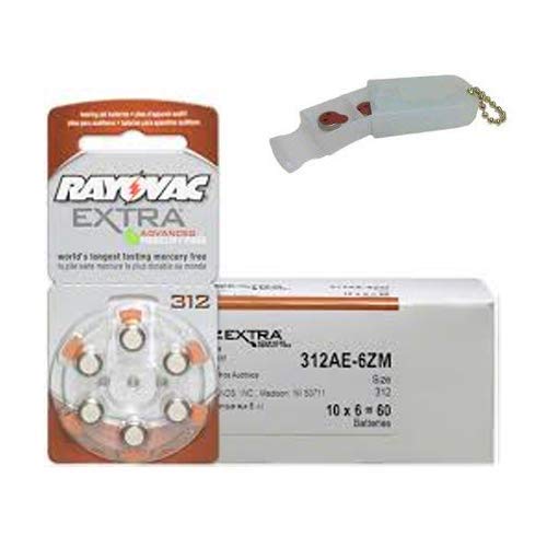 Rayovac Extra Hearing Aid Batteries Size 312 (312AE-6ZM) - 60 Pack with Free Battery Keychain Kit - Long-Lasting Zinc-Air Power for Hearing Devices - Perfect for Travel, Daily Use & Emergency Preparedness