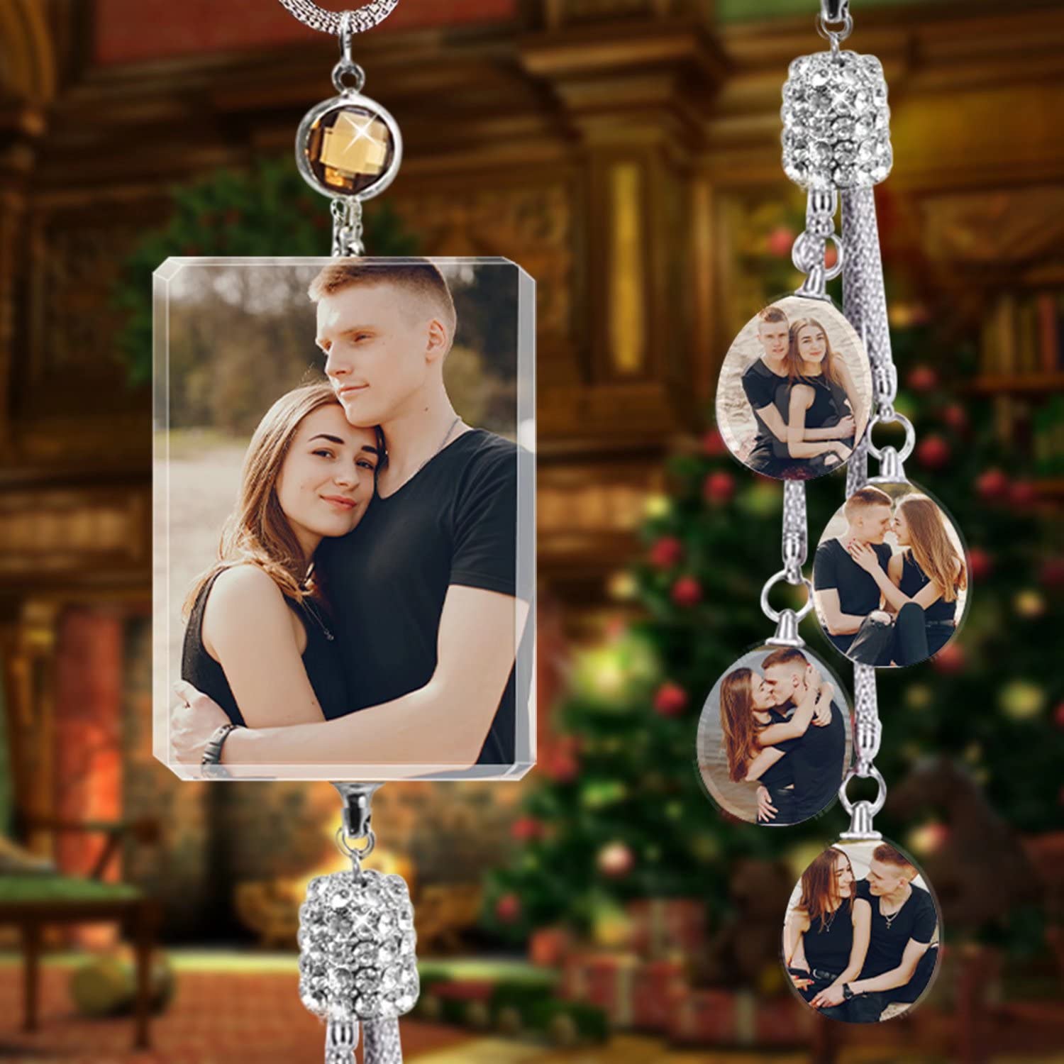 Custom Crystal Diamond Car Rearview Mirror Pendant - Personalized Photo Hanging Decor for Home, Office & Thanksgiving Gifts - Perfect for Interior Decoration & Holiday Presents