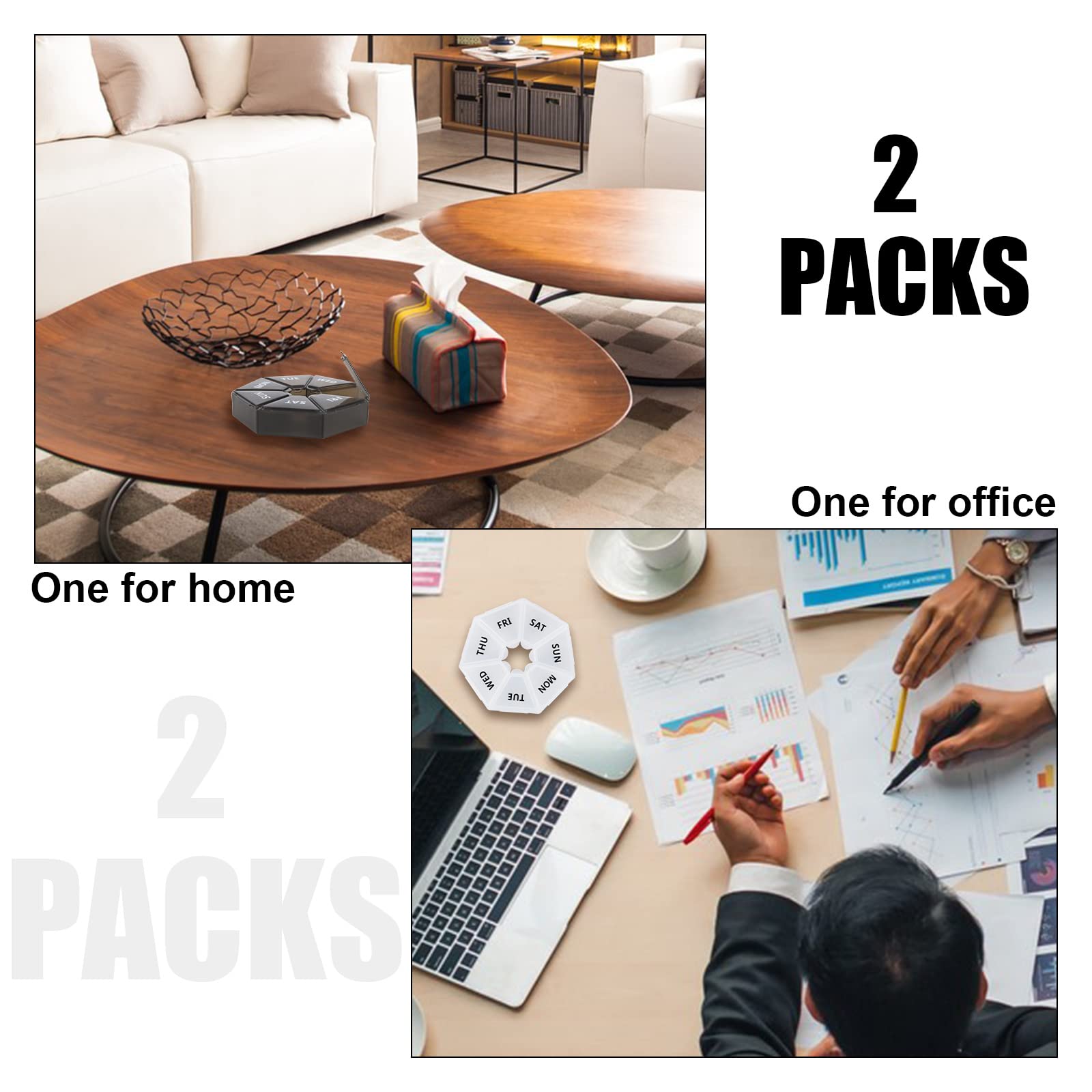 2Pcs Weekly Pill Organizer - 7 Day Travel Pill Box with 14 Compartments (2 Times Daily), Clear & Black Portable Medicine Case for Vitamins, Supplements & Medication - Perfect for Home, Office & Travel Use