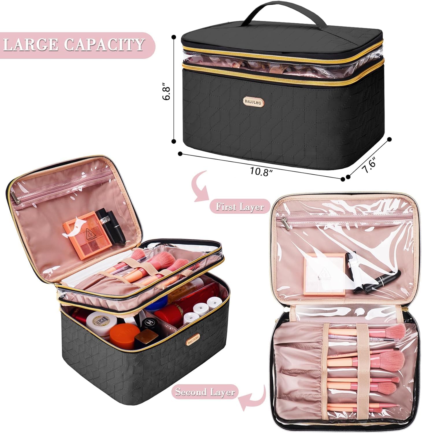 Large Travel Makeup Bag for Women - Double Layer Cosmetic Organizer with Brush Holder & Toiletry Essentials | Perfect for Vacation, Gym, Business Trips & Daily Use